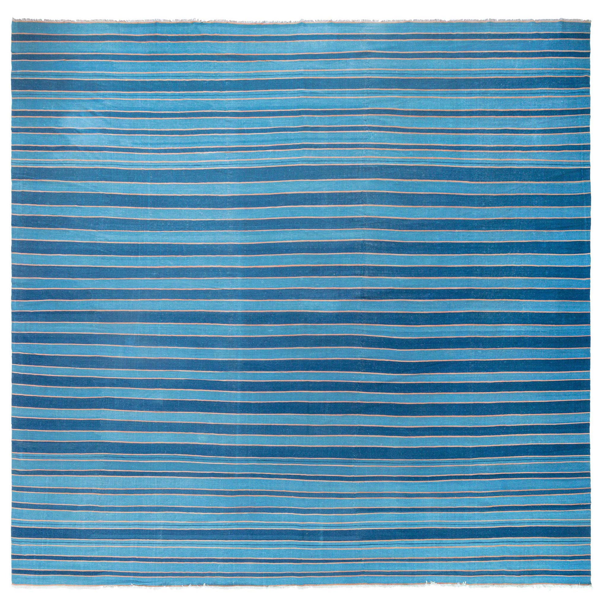Tapis Dhurrie indien vintage rayé bleu Doris Leslie Blau