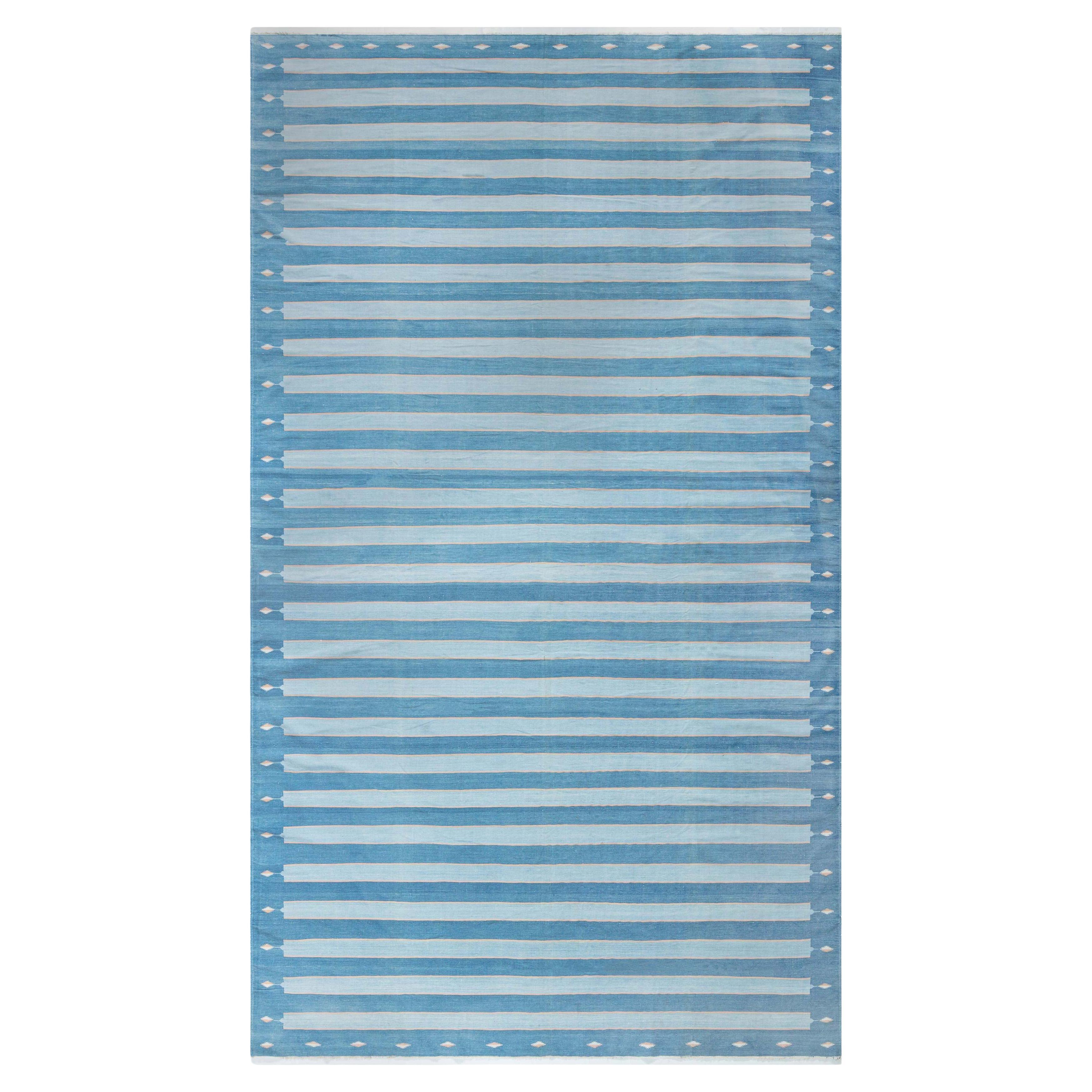 Doris Leslie Blau Vintage Indian Dhurrie Striped Blue Rug For Sale