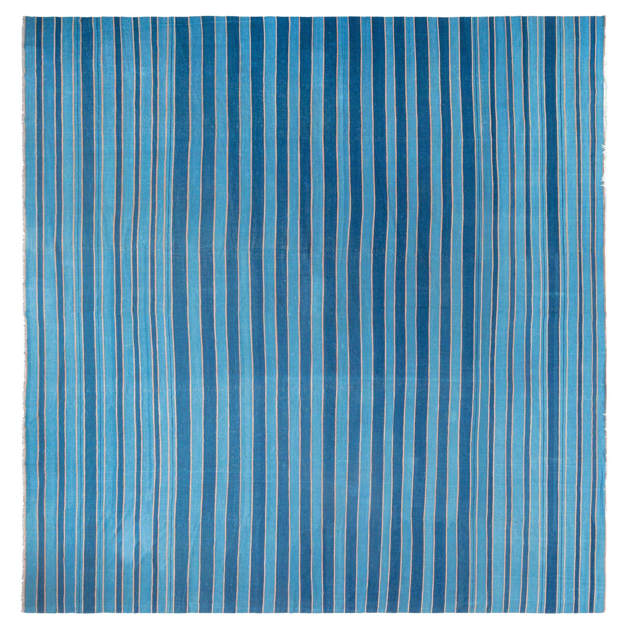 Doris Leslie Blau Vintage Indian Dhurrie Striped Blue Rug For Sale