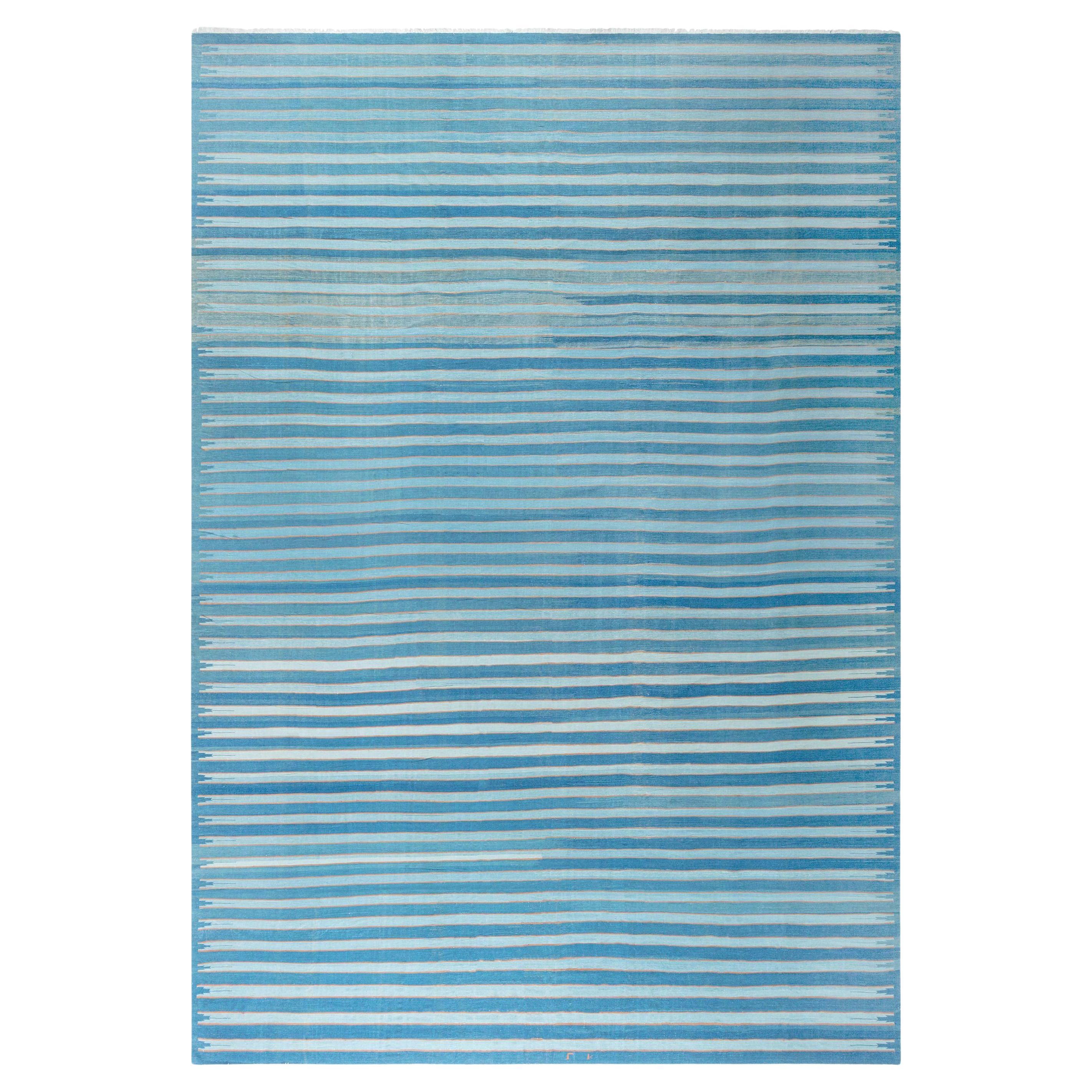 Doris Leslie Blau Vintage Indian Dhurrie Striped Blue Rug