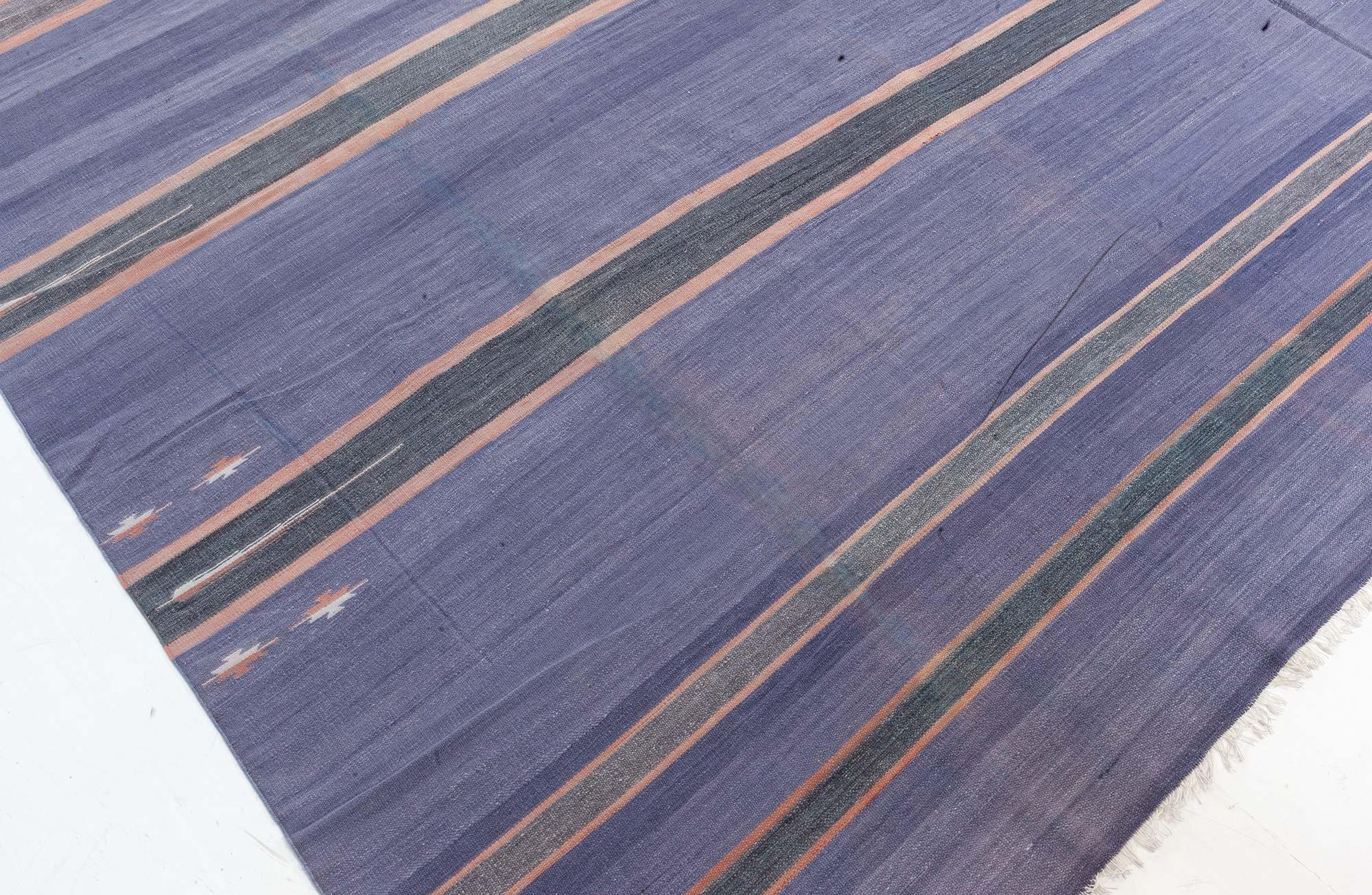 20th Century Doris Leslie Blau Vintage Indian Dhurrie Striped Purple Rug For Sale
