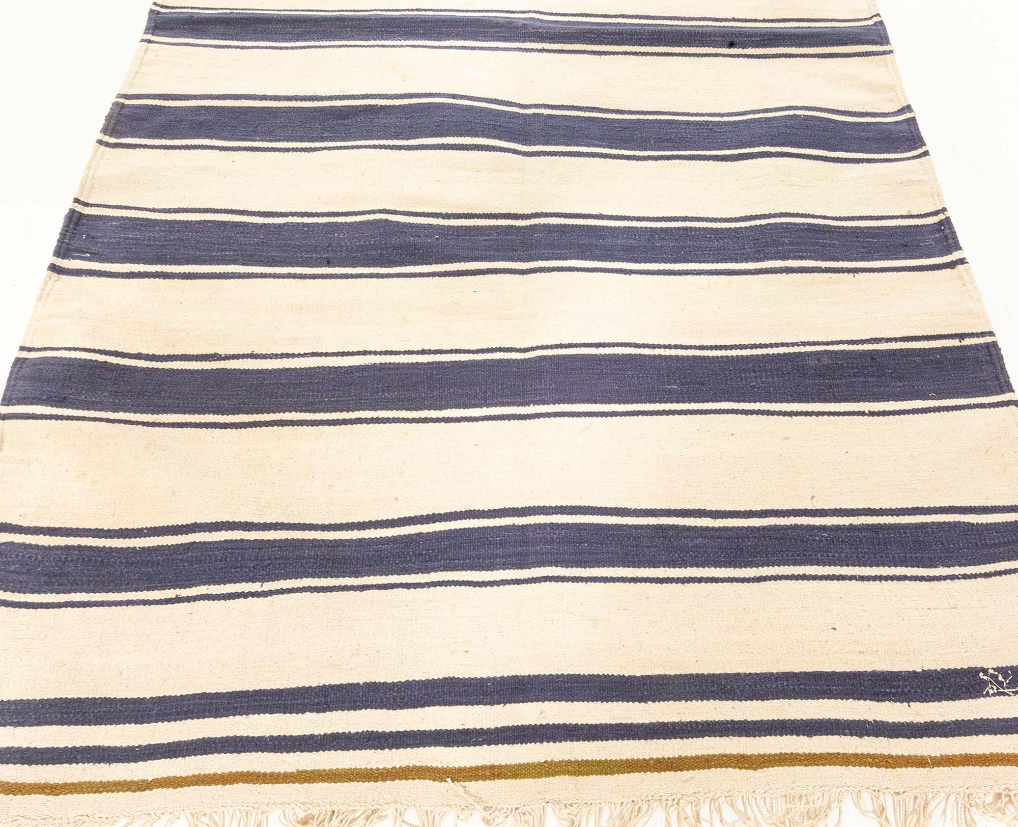 Doris Leslie Blau Alfombra india vintage a rayas Dhurrie Moderno de mediados de siglo en venta