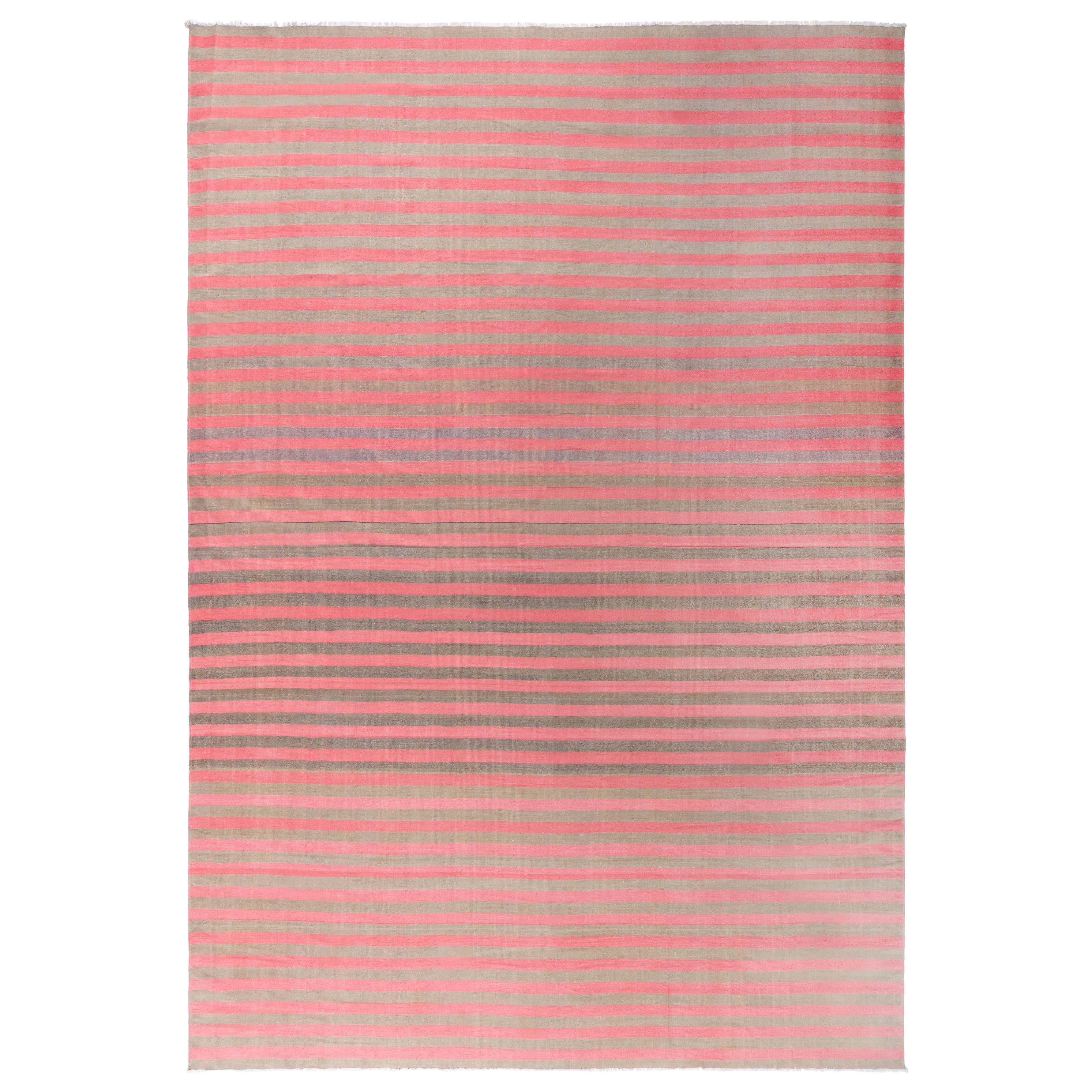 Doris Leslie Blau gestreifter indischer Dhurrie Vintage-Teppich in Vintage im Angebot