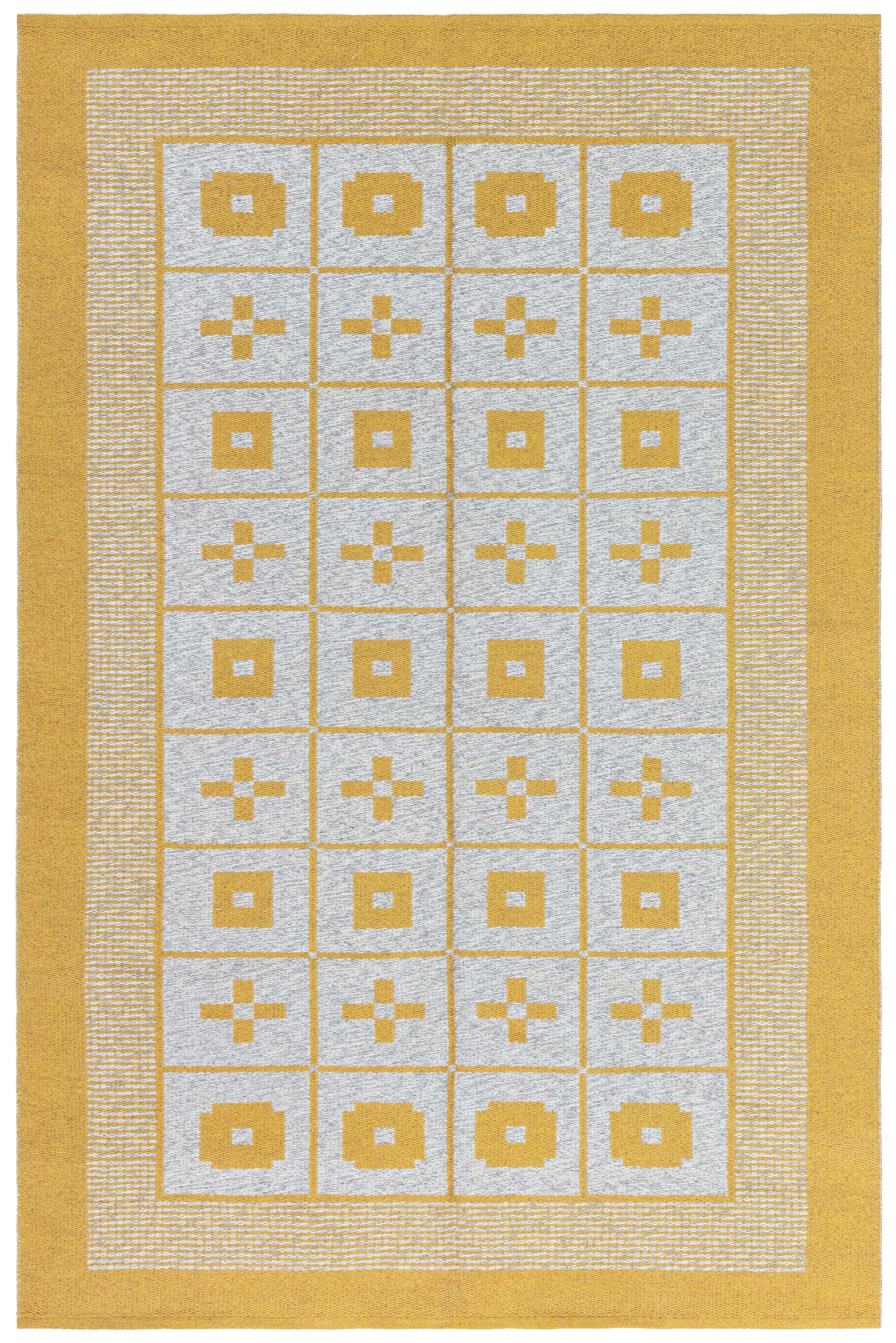 Annodato a mano Tappeto Doris Leslie Blau Vintage reversibile Geometrico Giallo Svedese in vendita