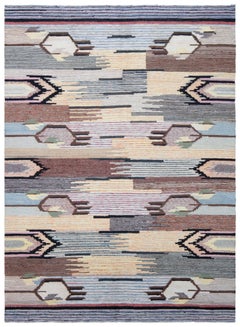 Doris Leslie Blau – Vintage-Teppich aus skandinavischer Wolle, abstraktes Muster in Creme- und Beigetönen, flachgewebt