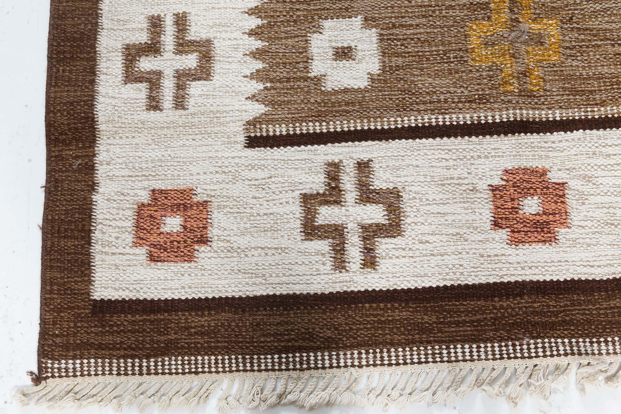Doris Leslie Blauer skandinavischer Flachgewebe-Teppich in Erdtönen, Vintage (Moderne der Mitte des Jahrhunderts) im Angebot