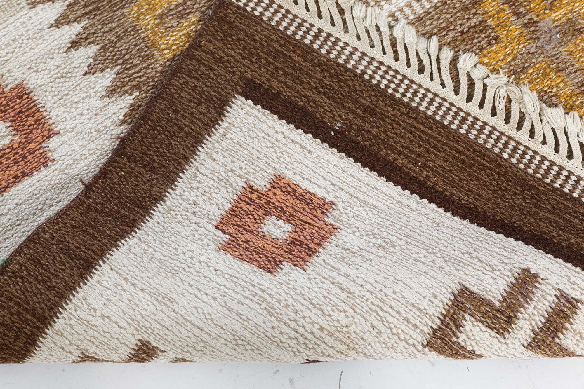 Doris Leslie Blauer skandinavischer Flachgewebe-Teppich in Erdtönen, Vintage (20. Jahrhundert) im Angebot