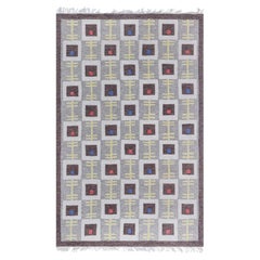 Doris Leslie Blau – Vintage-Wollteppich im skandinavischen Stil mit geometrischem Muster in Schiefergrau, flachgewebt