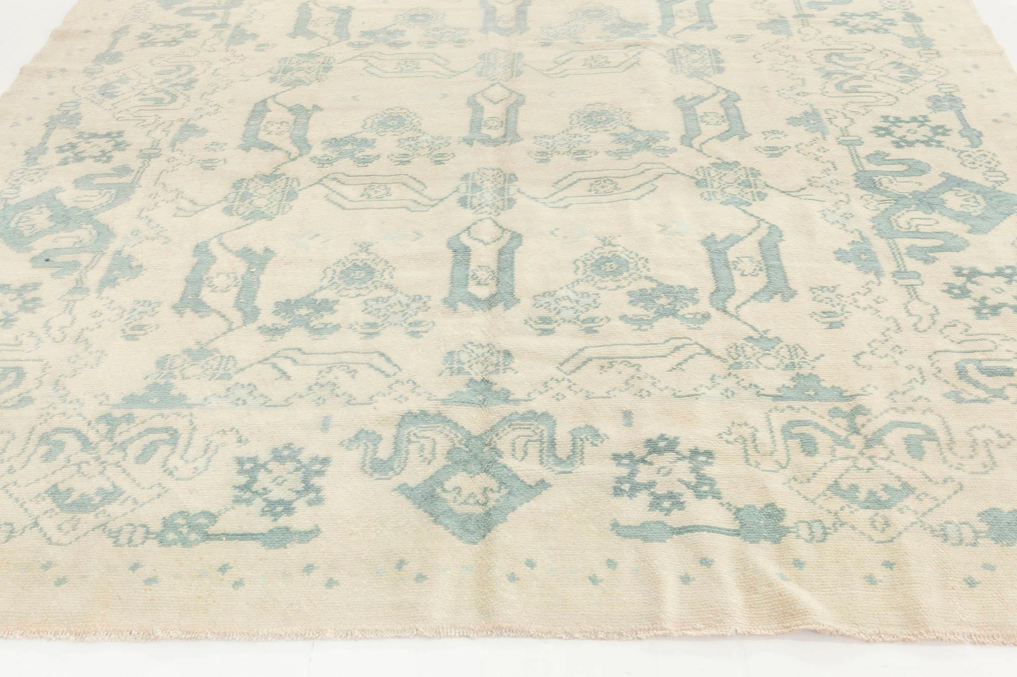 Vintage Spanish Cuenca Rug Handwoven Botanical Motif in Soft Green and Ivory
Size: 6'0