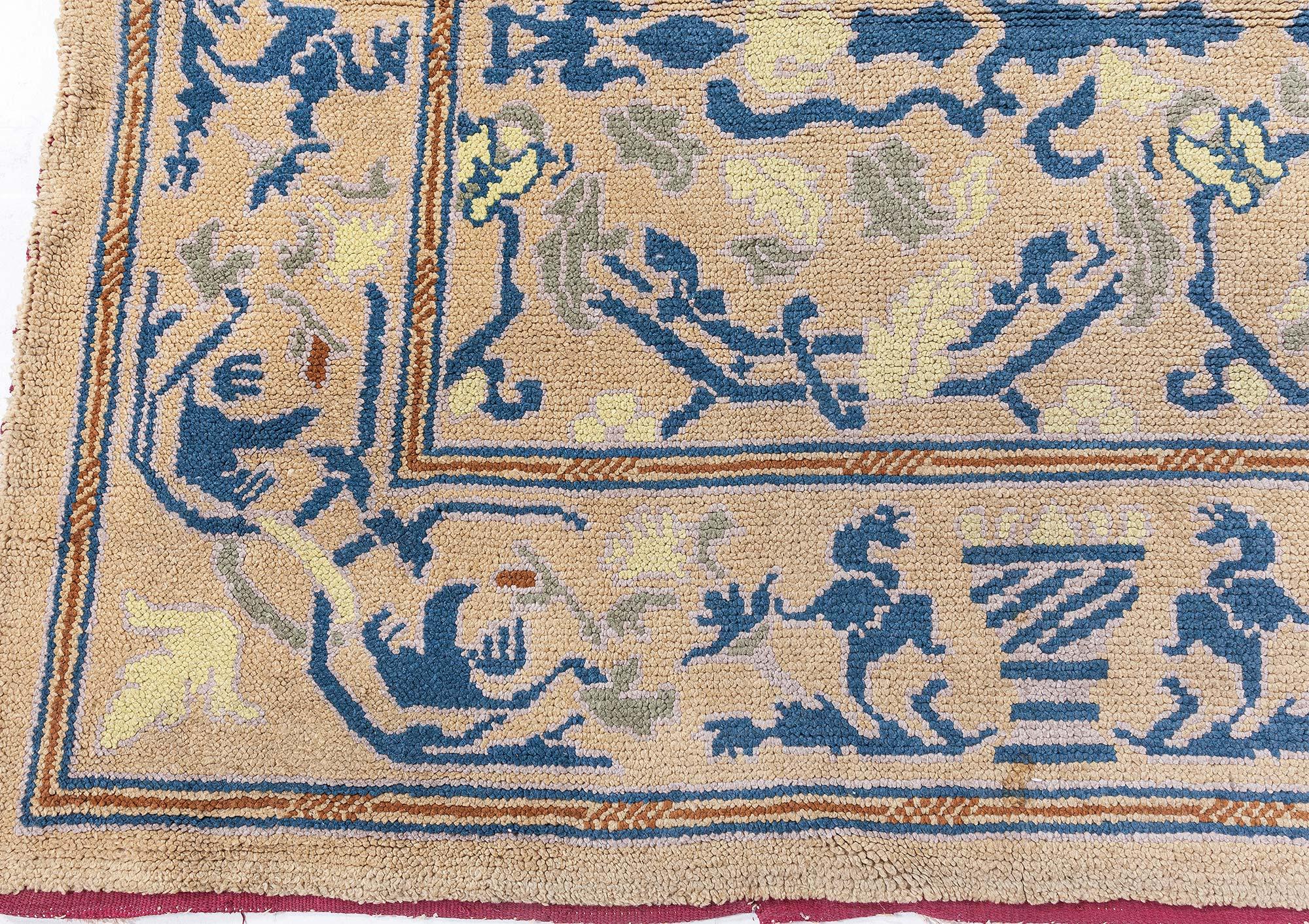 20th Century Doris Leslie Blau Vintage Spanish Yellow and Blue Handmade Wool Rug For Sale