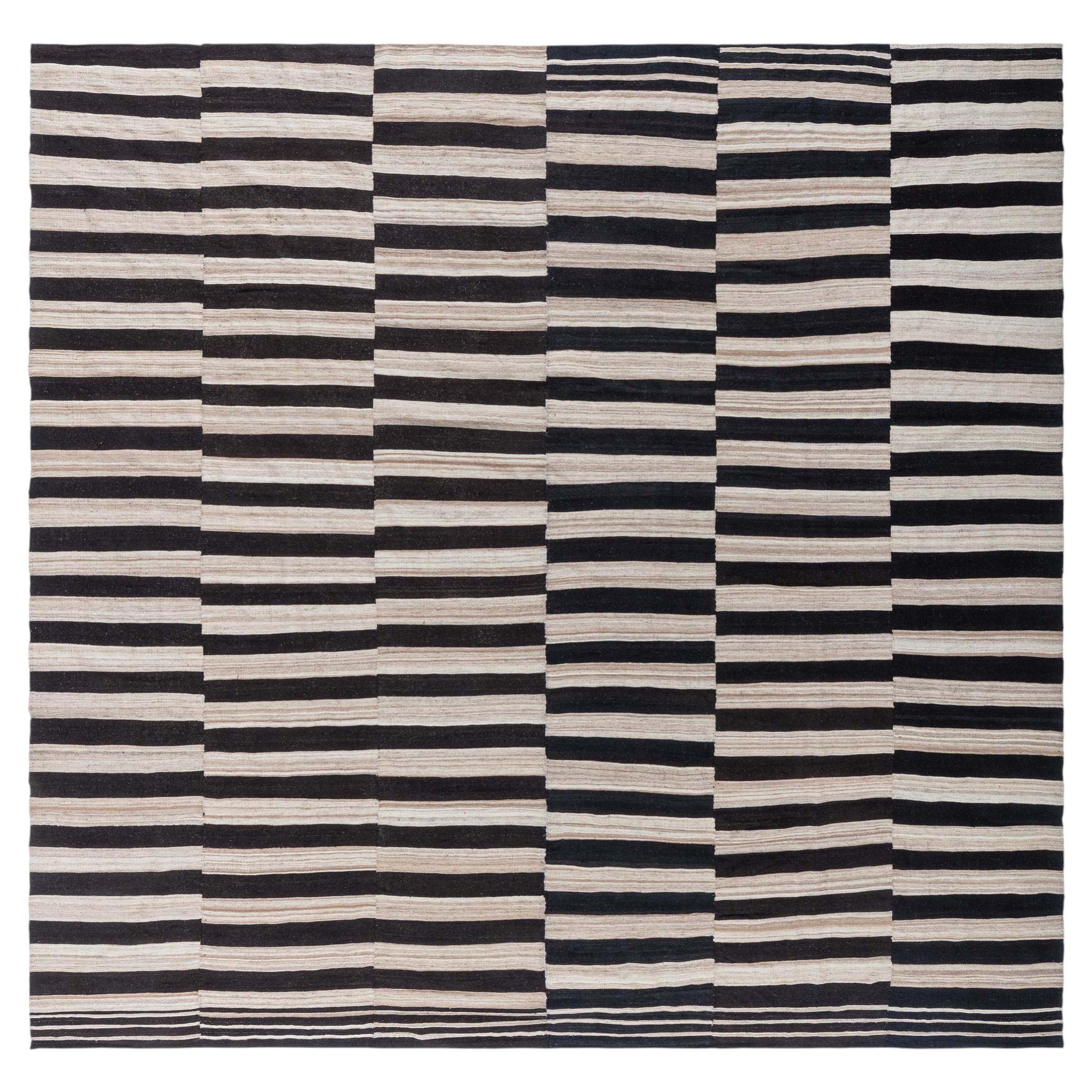 Doris Leslie Blau Vintage Striped Ivory And Charcoal Hand-Knotted Wool Rug