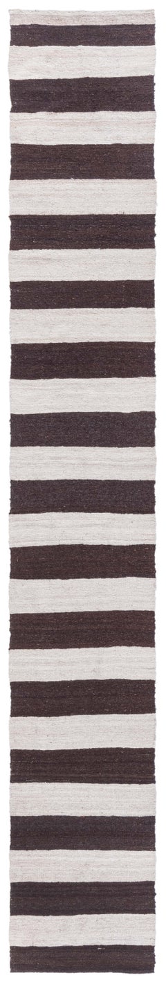Doris Leslie Blau Vintage Striped Ivory And Charcoal Hand-Knotted Wool Runner