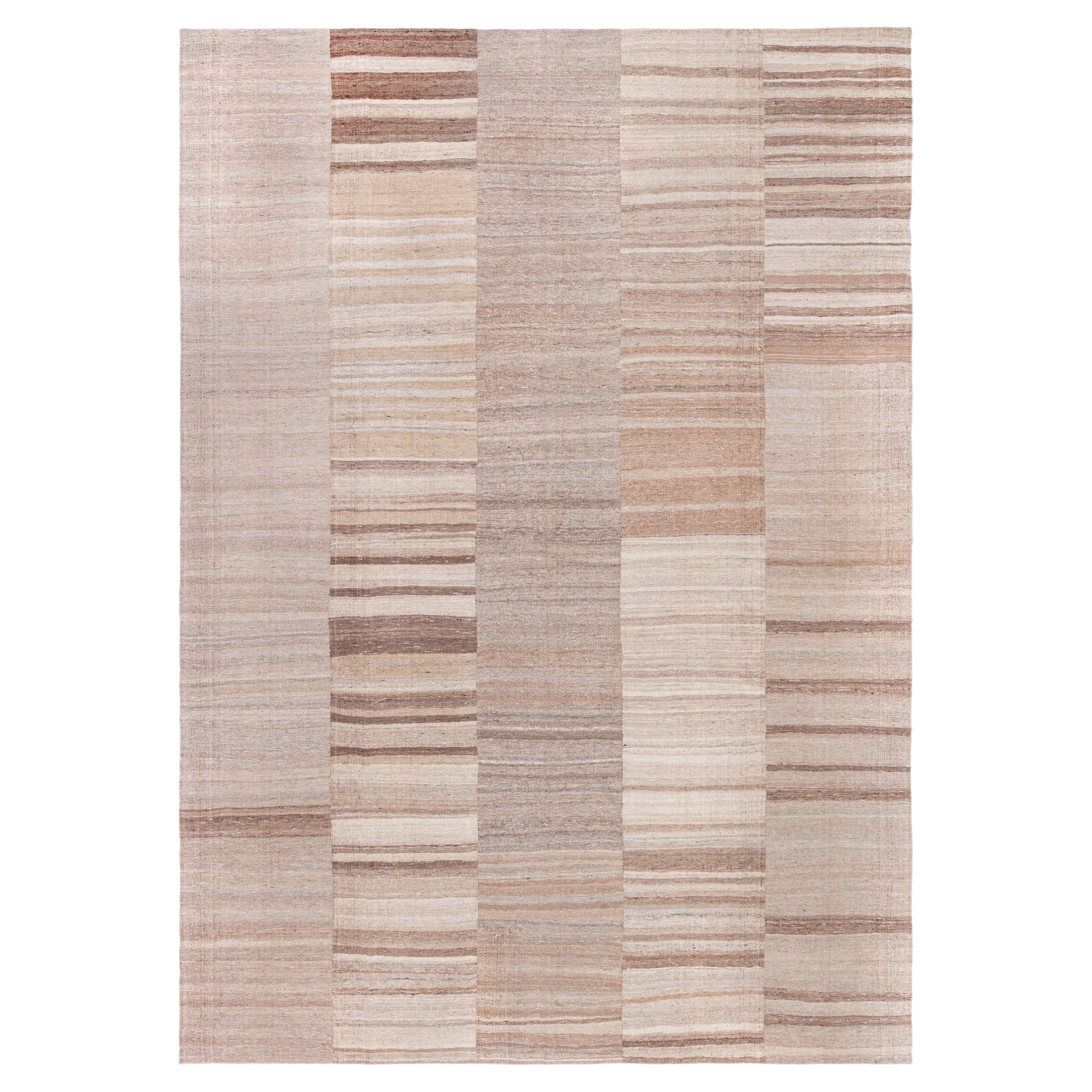 Doris Leslie Blau Vintage Striped Light Beige Hand-Knotted Wool Rug