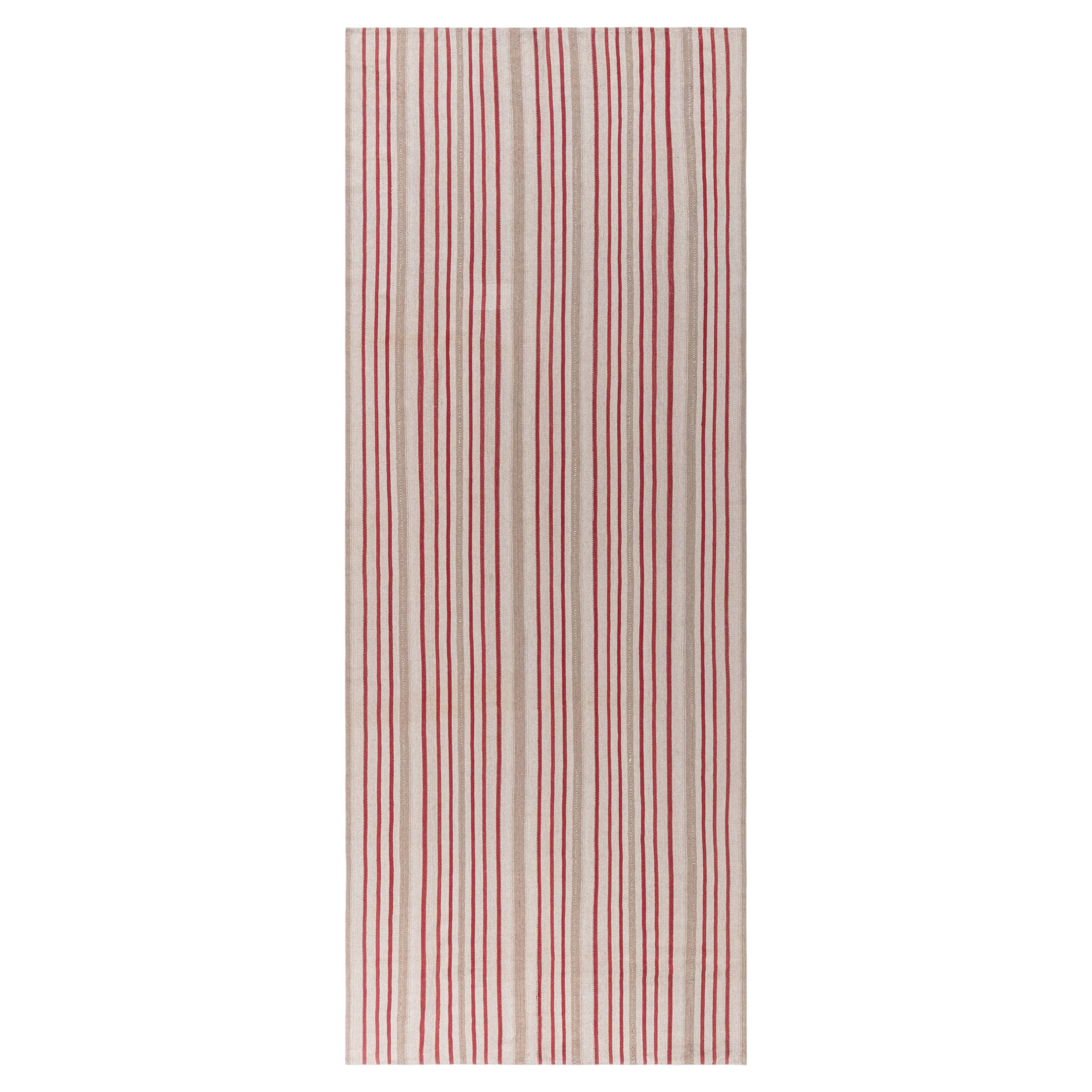 Doris Leslie Blau Vintage Striped Light Beige Hand-Knotted Wool Runner For Sale