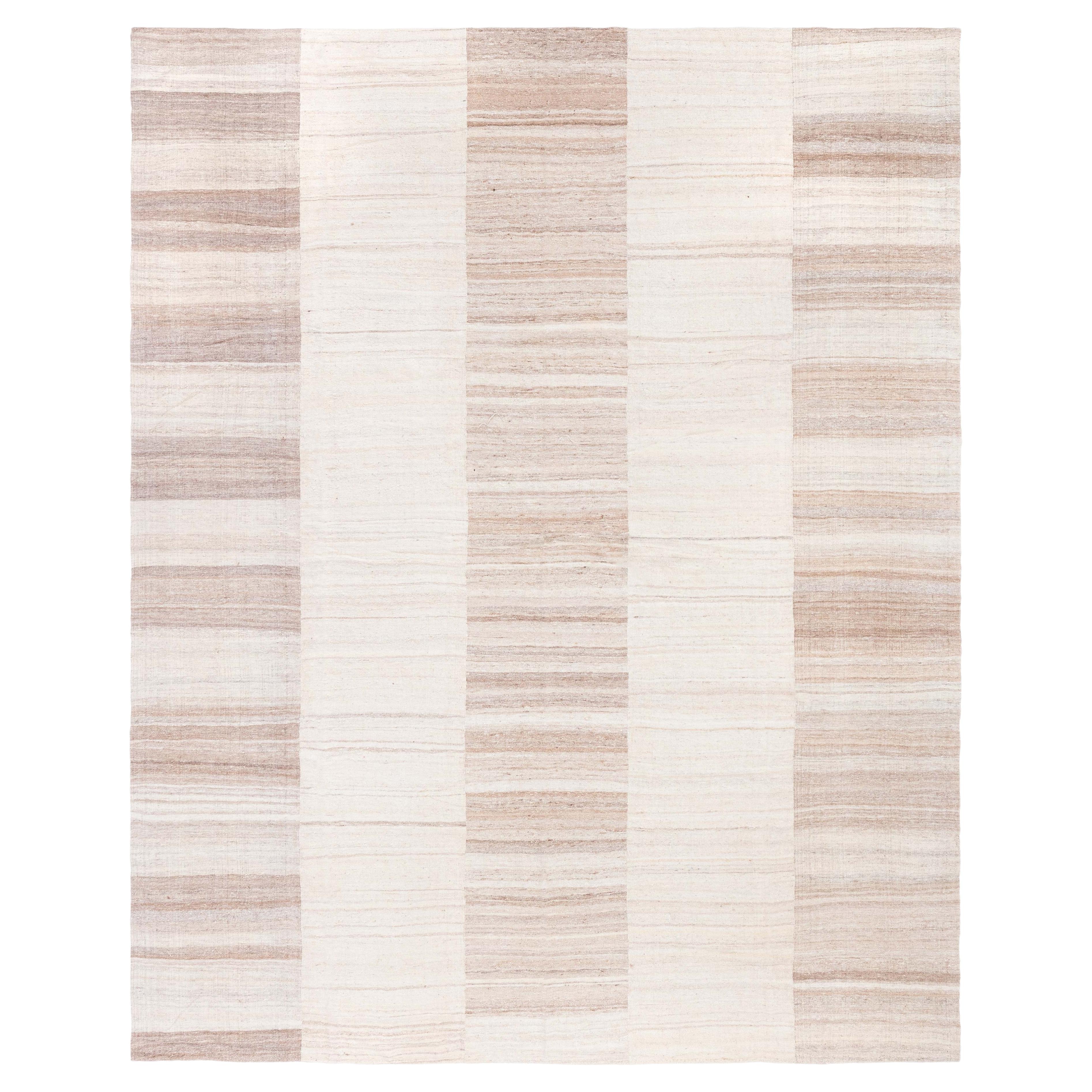 Doris Leslie Blau Vintage Striped Soft Beige Hand-Knotted Wool Carpet For Sale
