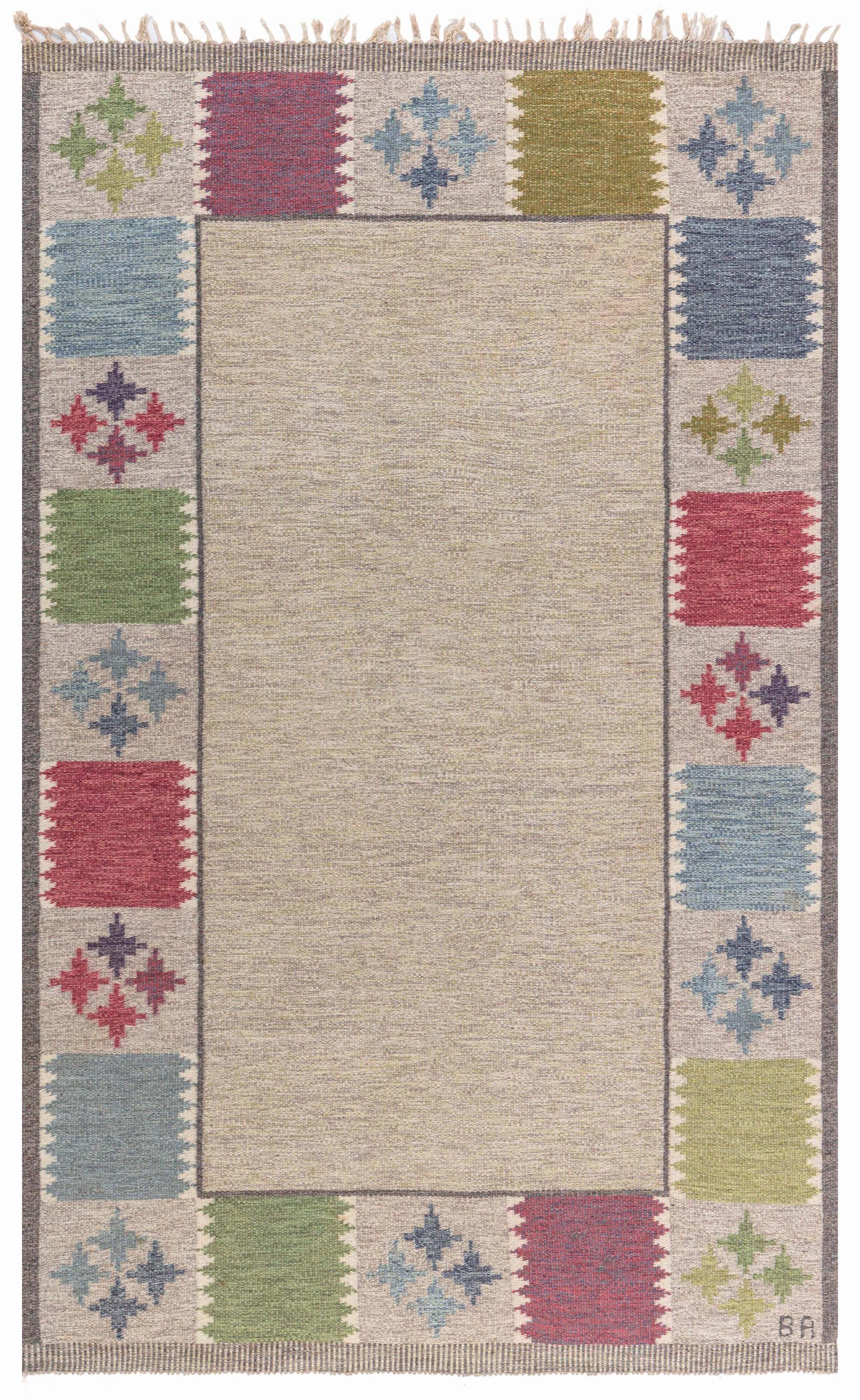 Doris Leslie Blau Vintage Swedish Flat Weave Rug by Bitte Ahlgren, Signed "BA" For Sale