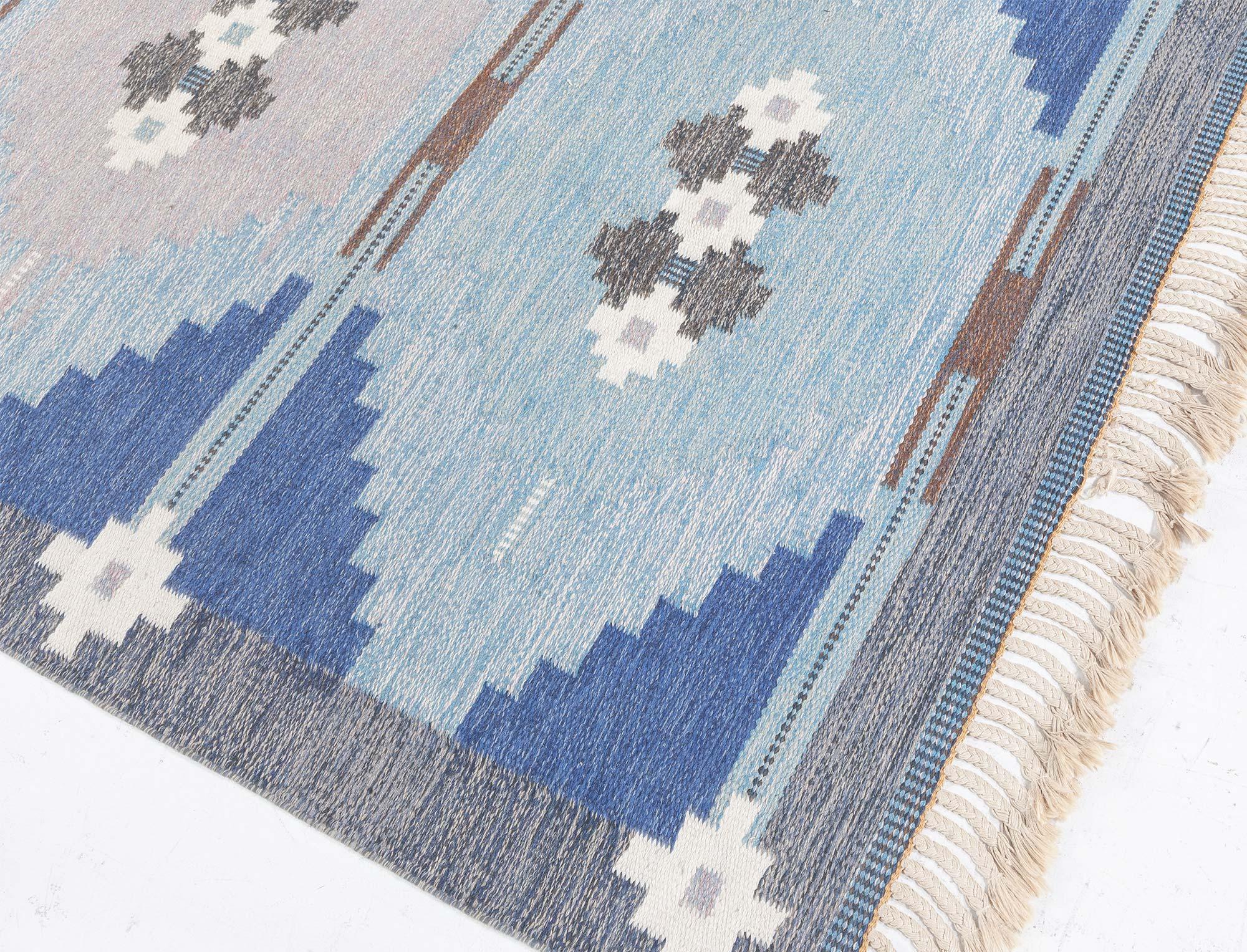 Doris Leslie Blau Vintage Swedish Flat-Weave Rug by Ingegerd Silow Lana en venta