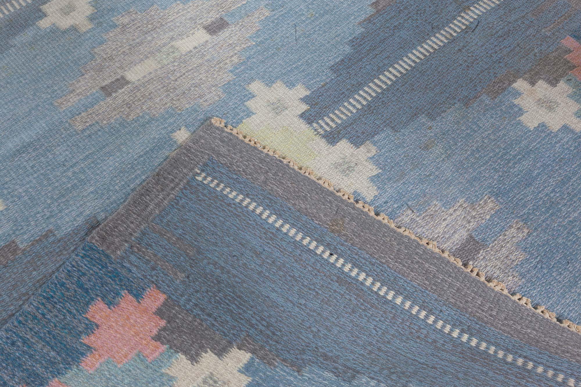 Wool Doris Leslie Blau Vintage Swedish Flat-Weave Rug by Ingegerd Silow For Sale