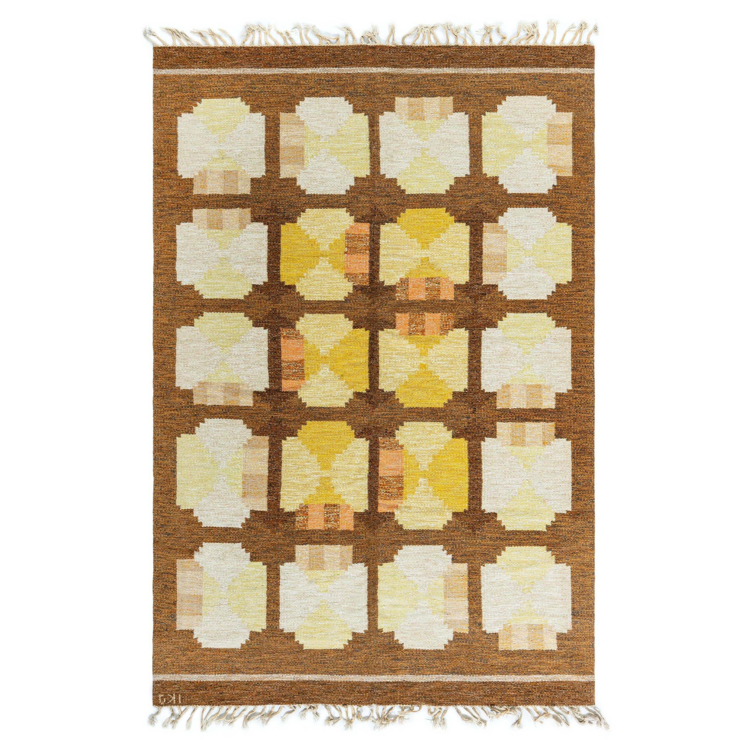 Doris Leslie Blauer schwedischer Flachgewebeteppich von Ingegerd Silow, signiert „IKS“, Vintage