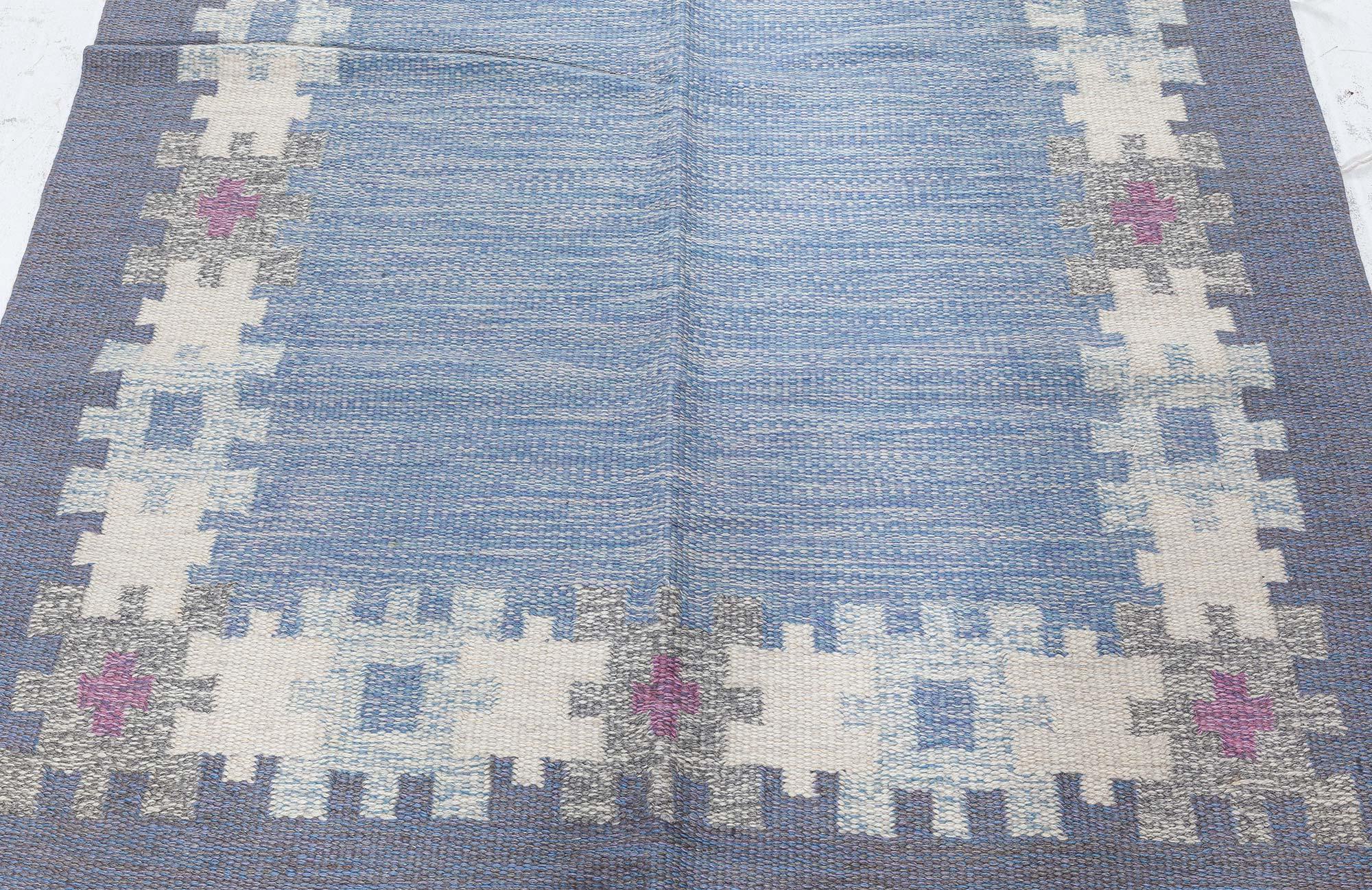 Wool Doris Leslie Blau Vintage Swedish Flat Weave Rug by Ingegerd Silow, Signed “I.S. For Sale
