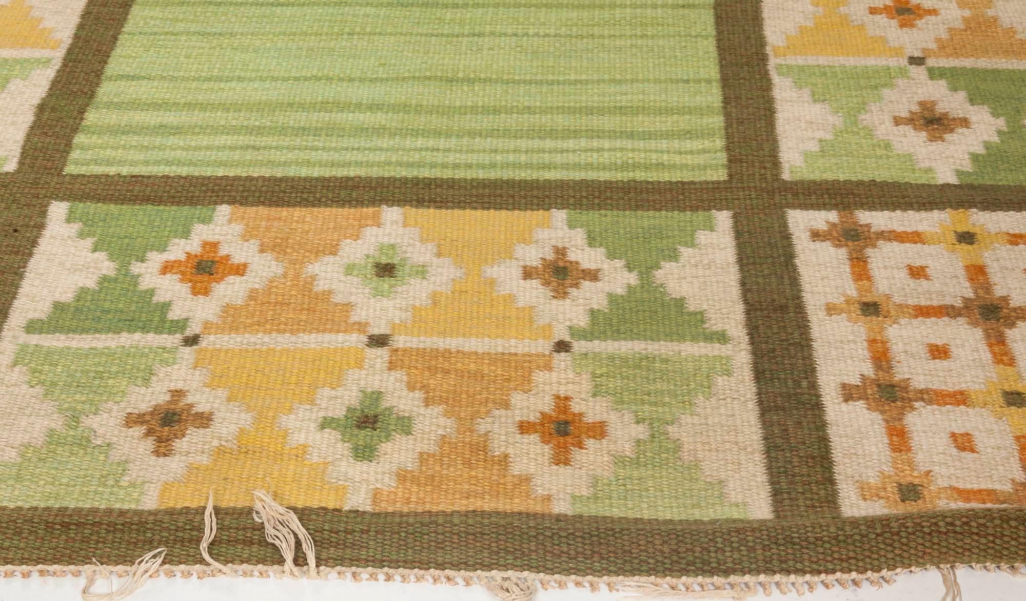 Hand-Knotted Doris Leslie Blau Vintage Swedish Flat-Weave Rug in Earthy Green and Golden Tone For Sale