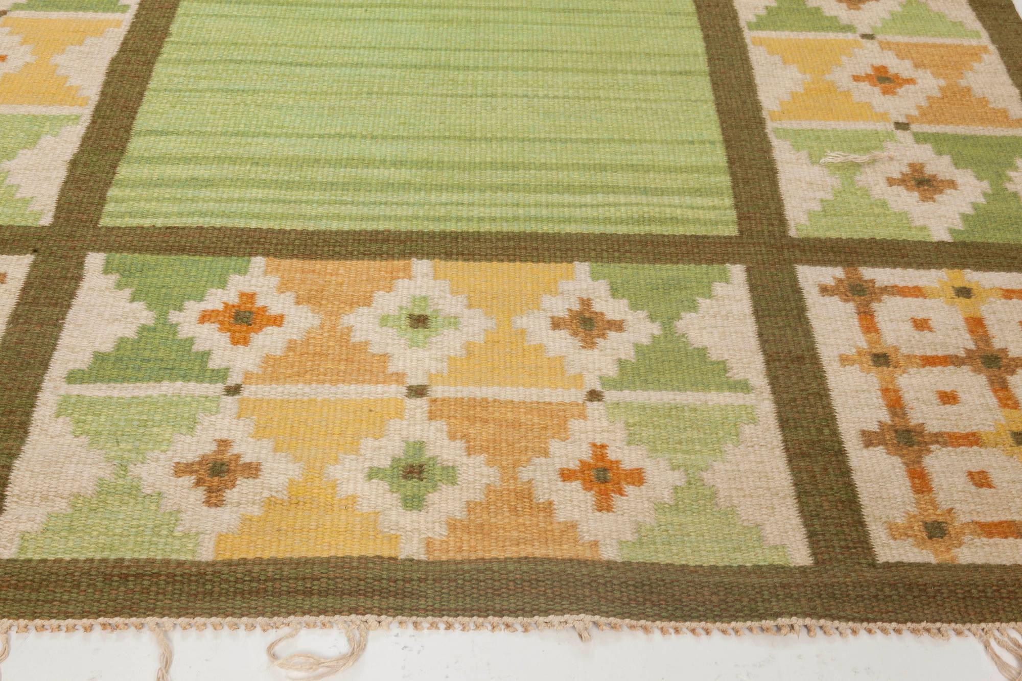 20th Century Doris Leslie Blau Vintage Swedish Flat-Weave Rug in Earthy Green and Golden Tone For Sale