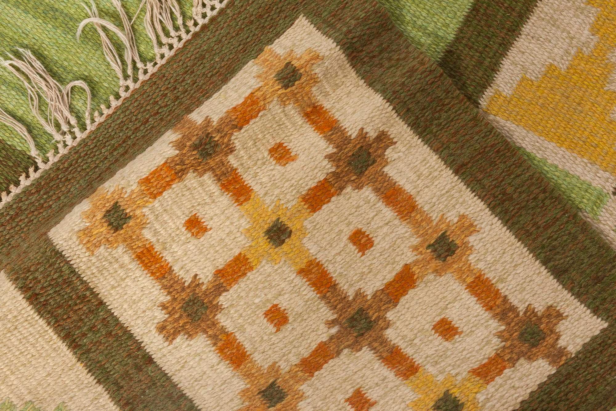Wool Doris Leslie Blau Vintage Swedish Flat-Weave Rug in Earthy Green and Golden Tone For Sale