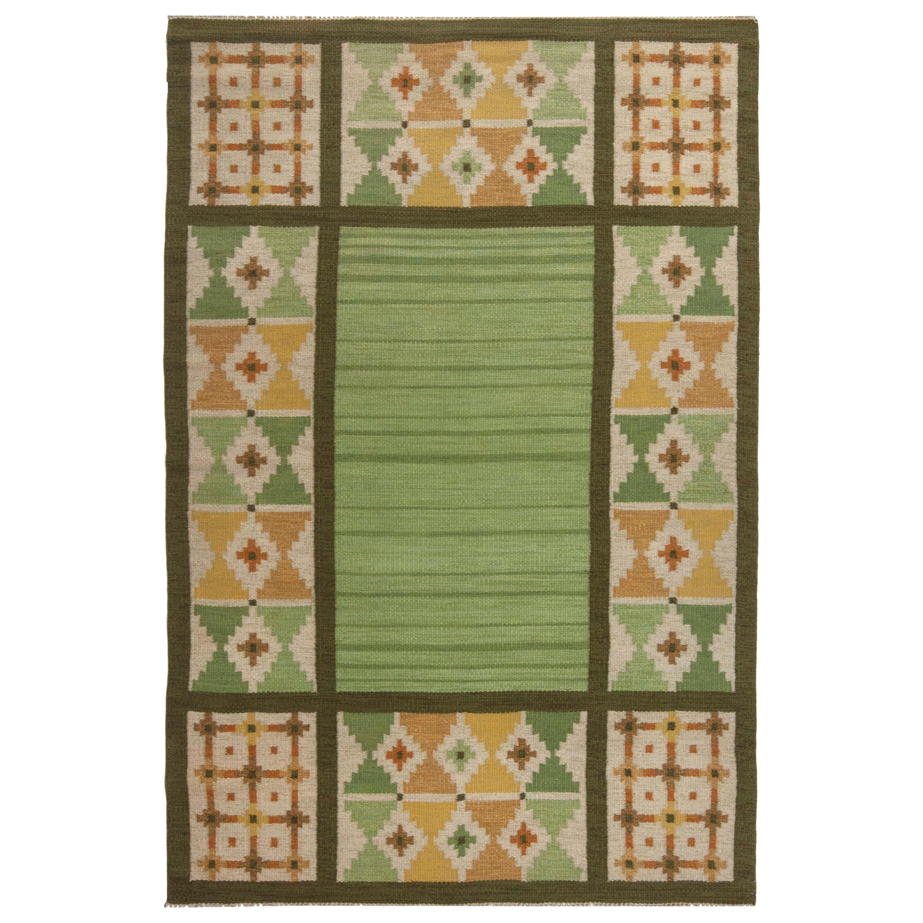 Doris Leslie Blau Vintage Swedish Flat-Weave Rug in Earthy Green and Golden Tone For Sale
