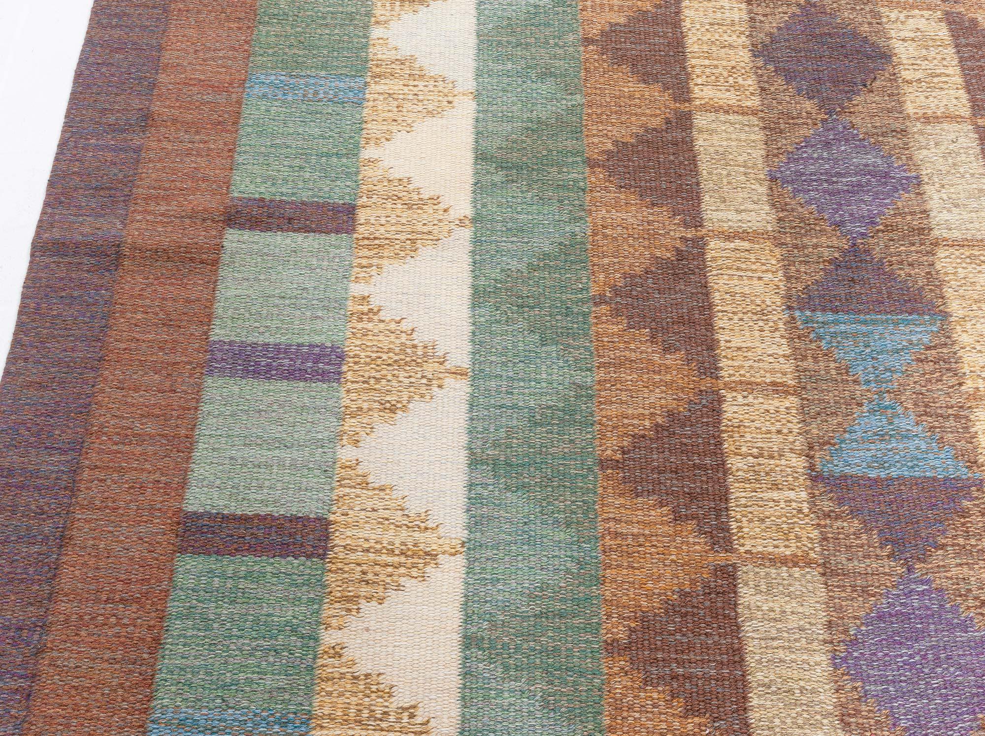 Scandinavian Doris Leslie Blau Vintage Swedish Flat Weave Rug Signed with Initials 'IV' For Sale