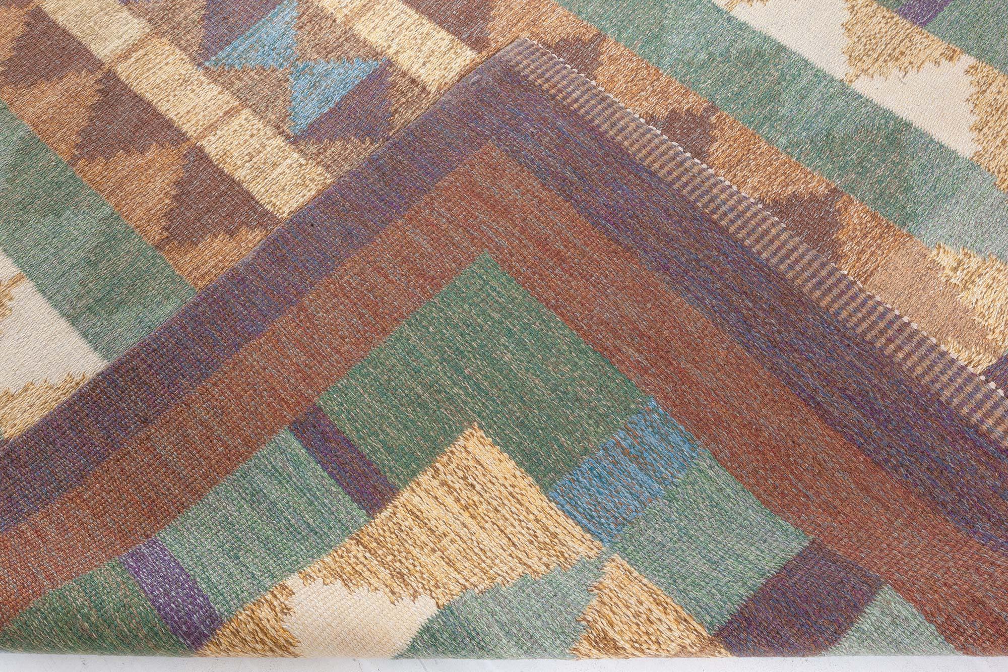 Wool Doris Leslie Blau Vintage Swedish Flat Weave Rug Signed with Initials 'IV' For Sale