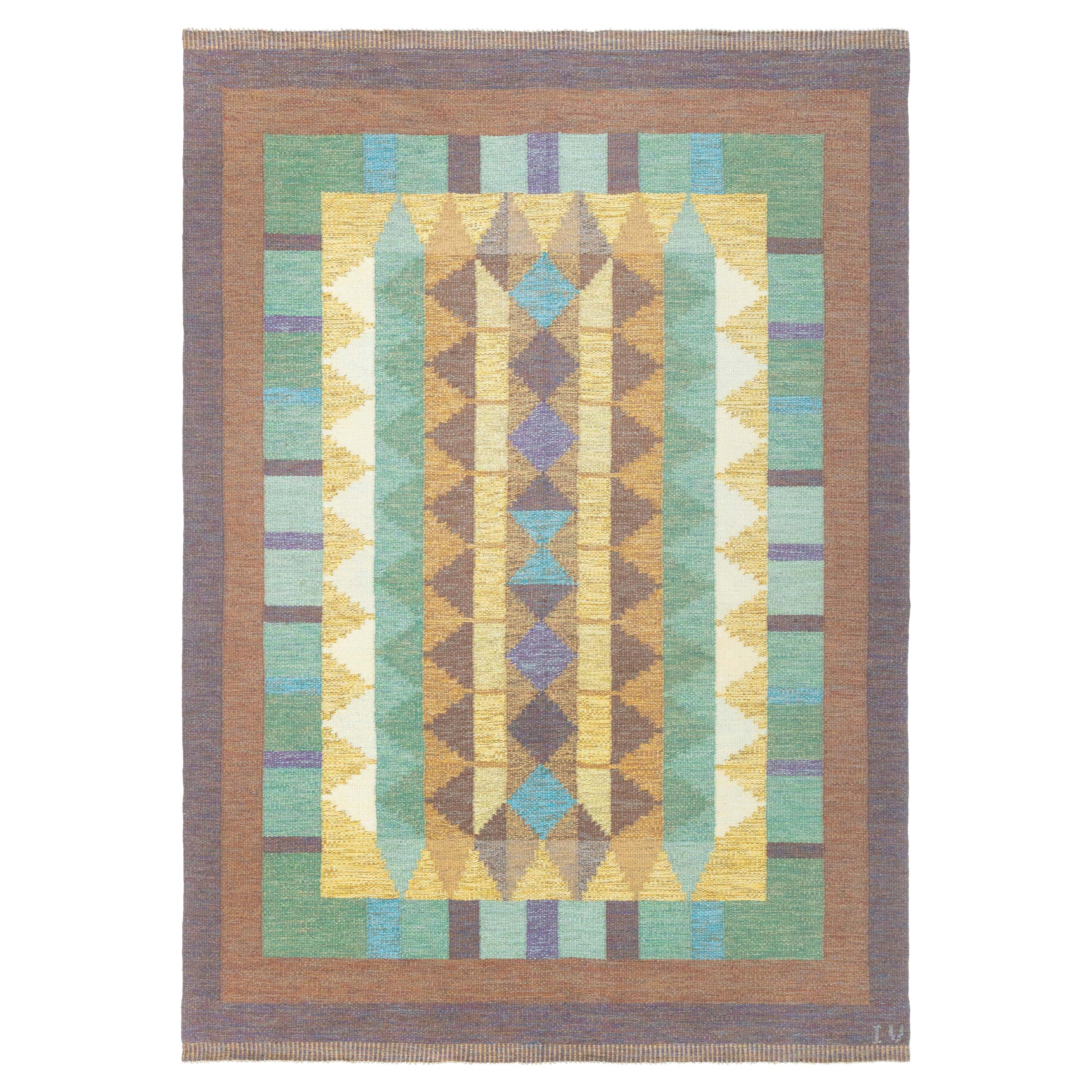 Doris Leslie Blau Vintage Swedish Flat Weave Rug Signed with Initials 'IV'
