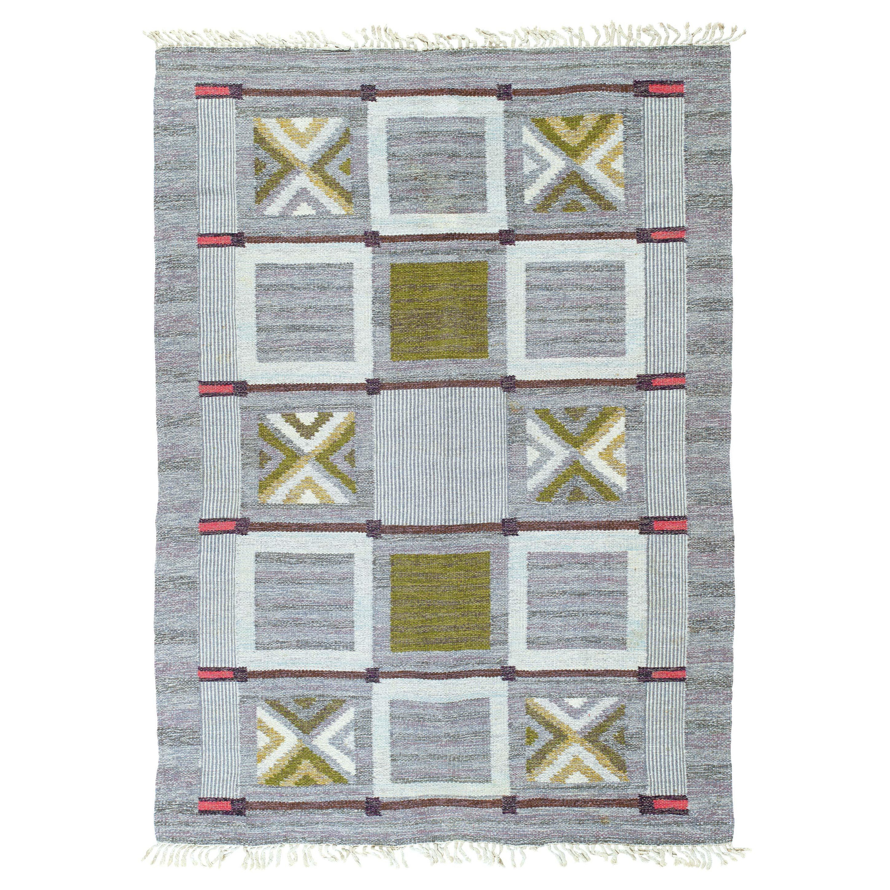 Doris Leslie Blau Vintage Swedish Flat-Wave Wool Rug by Konstfliten-Bohusslöjd