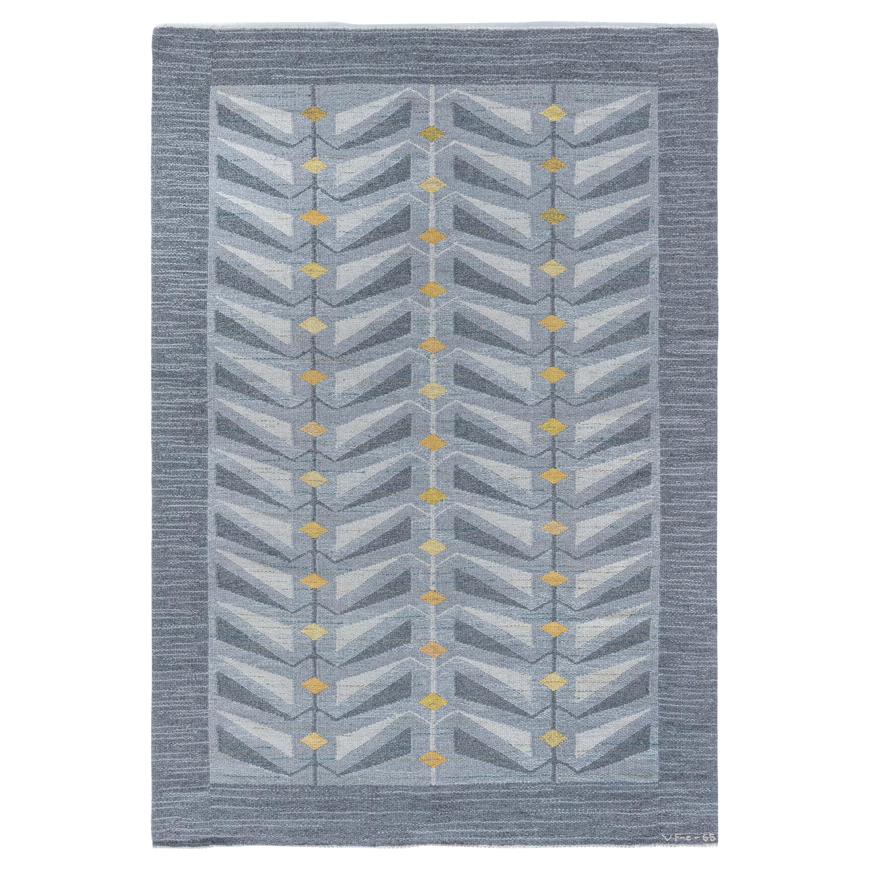 Doris Leslie Blauer schwedischer Flachgewebeteppich aus Wolle, Vintage, signiert VF-e-65