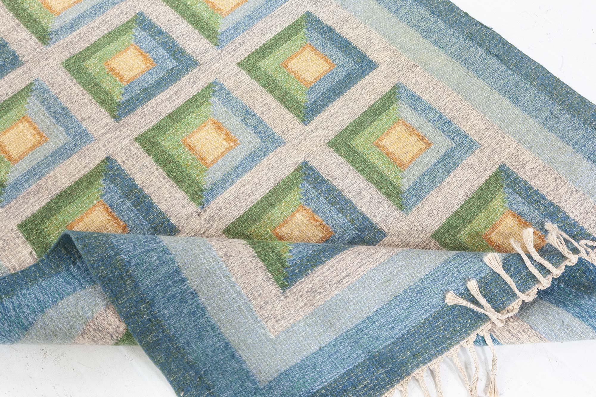 Wool Doris Leslie Blau Vintage Swedish Flat Woven Rug by Alice Walleback For Sale