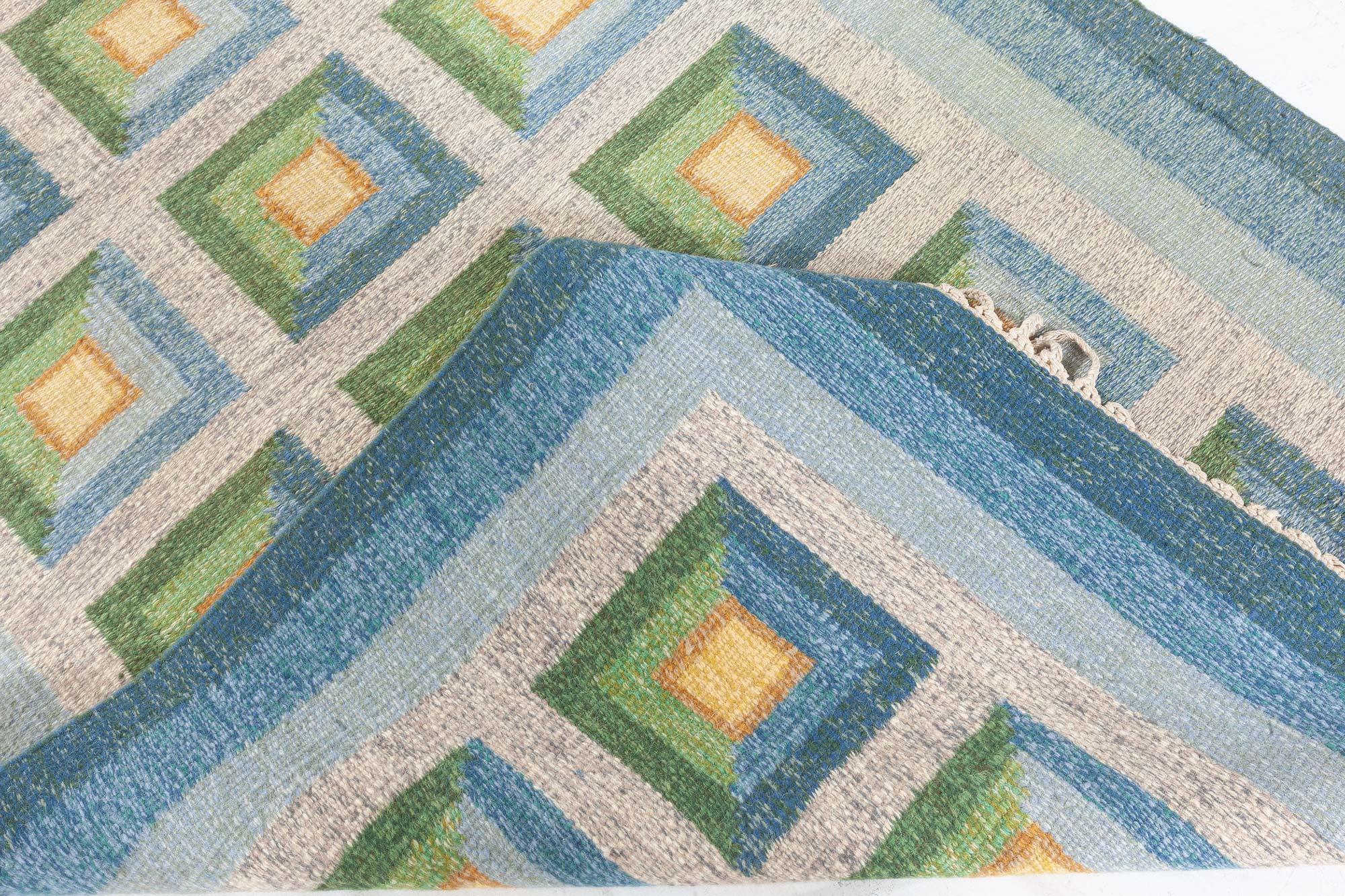 Doris Leslie Blauer schwedischer flacher gewebter Vintage-Teppich von Alice Walleback im Angebot 1
