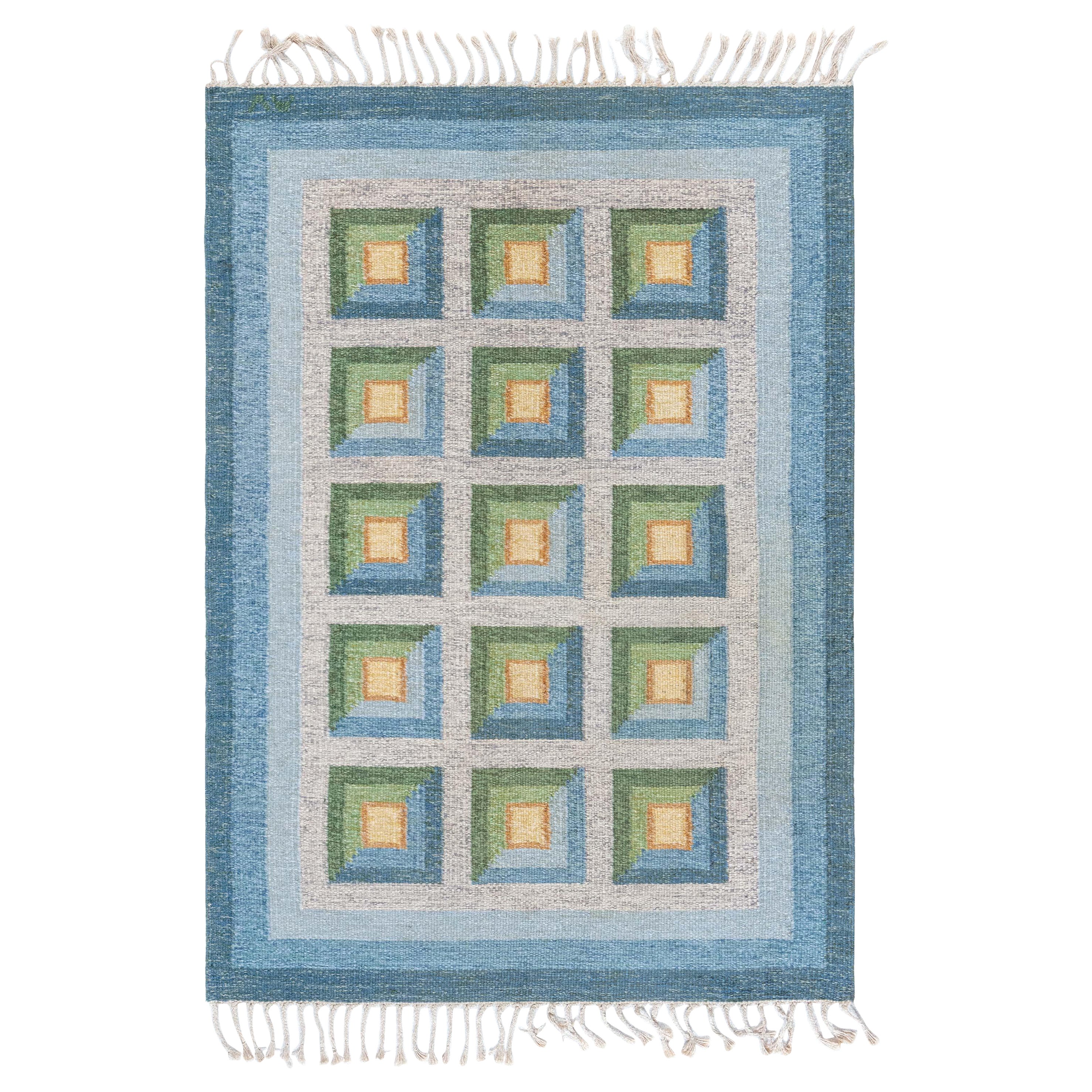 Doris Leslie Blauer schwedischer flacher gewebter Vintage-Teppich von Alice Walleback im Angebot