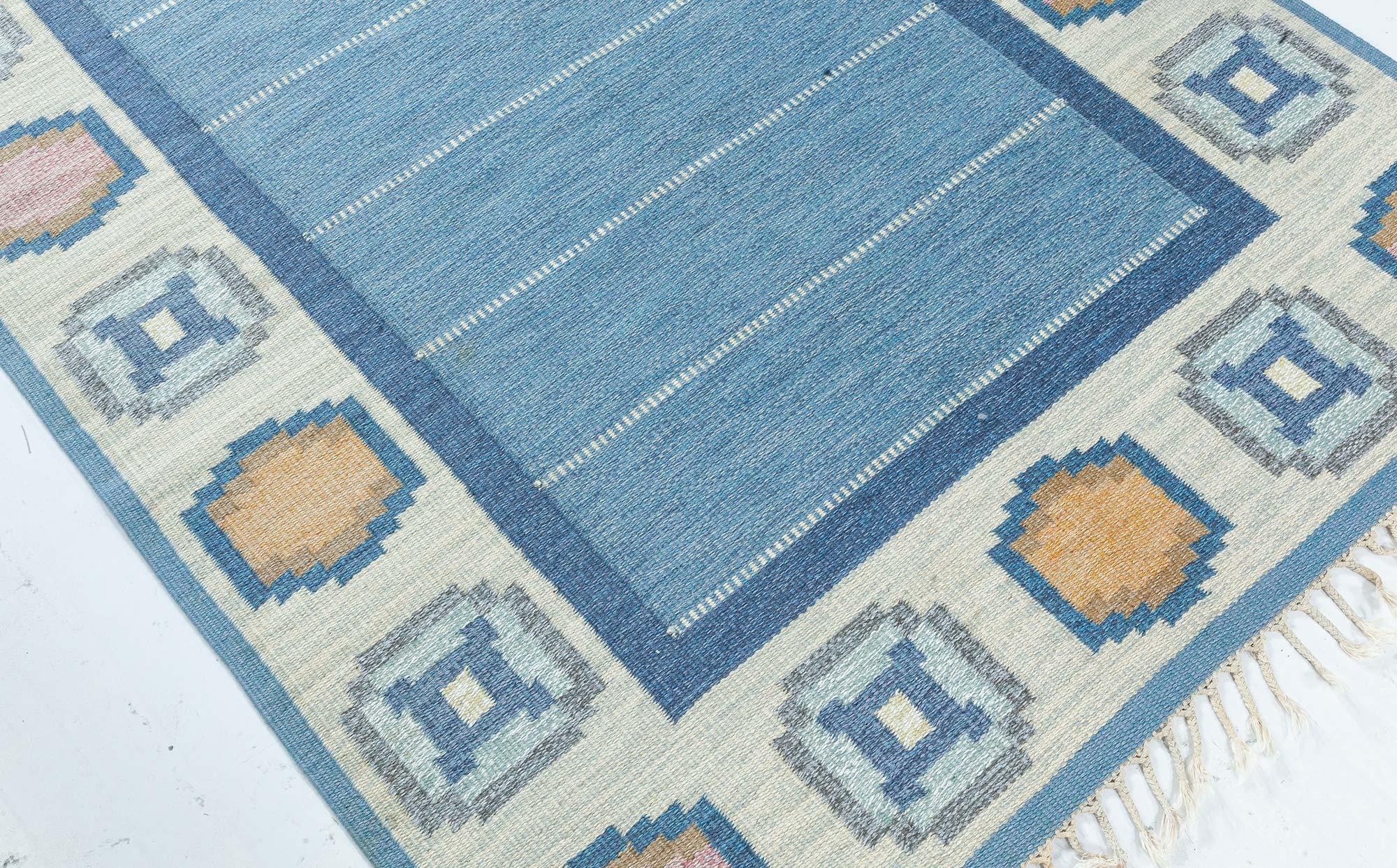Vintage Swedish Blue Flat Woven rug by Ingegerd Silow
Size: 5'6