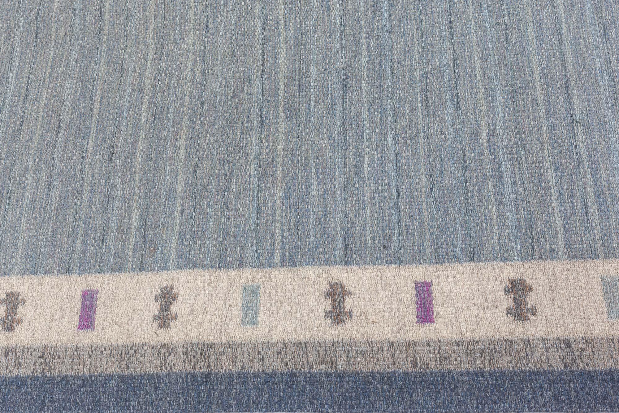 Wool Doris Leslie Blau Vintage Swedish Flat Woven Rug by Ingegerd Silow For Sale