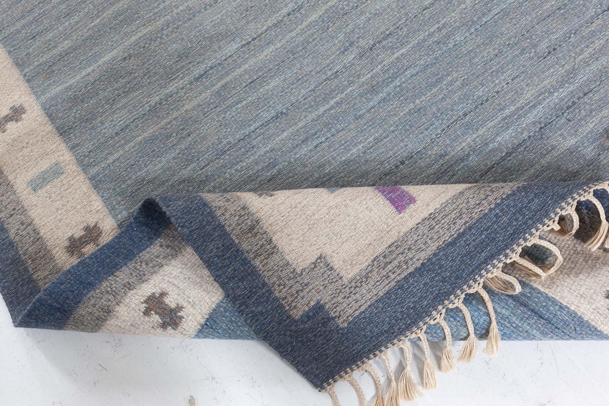 Lana Doris Leslie Blau Vintage Swedish Flat Woven Rug by Ingegerd Silow in vendita