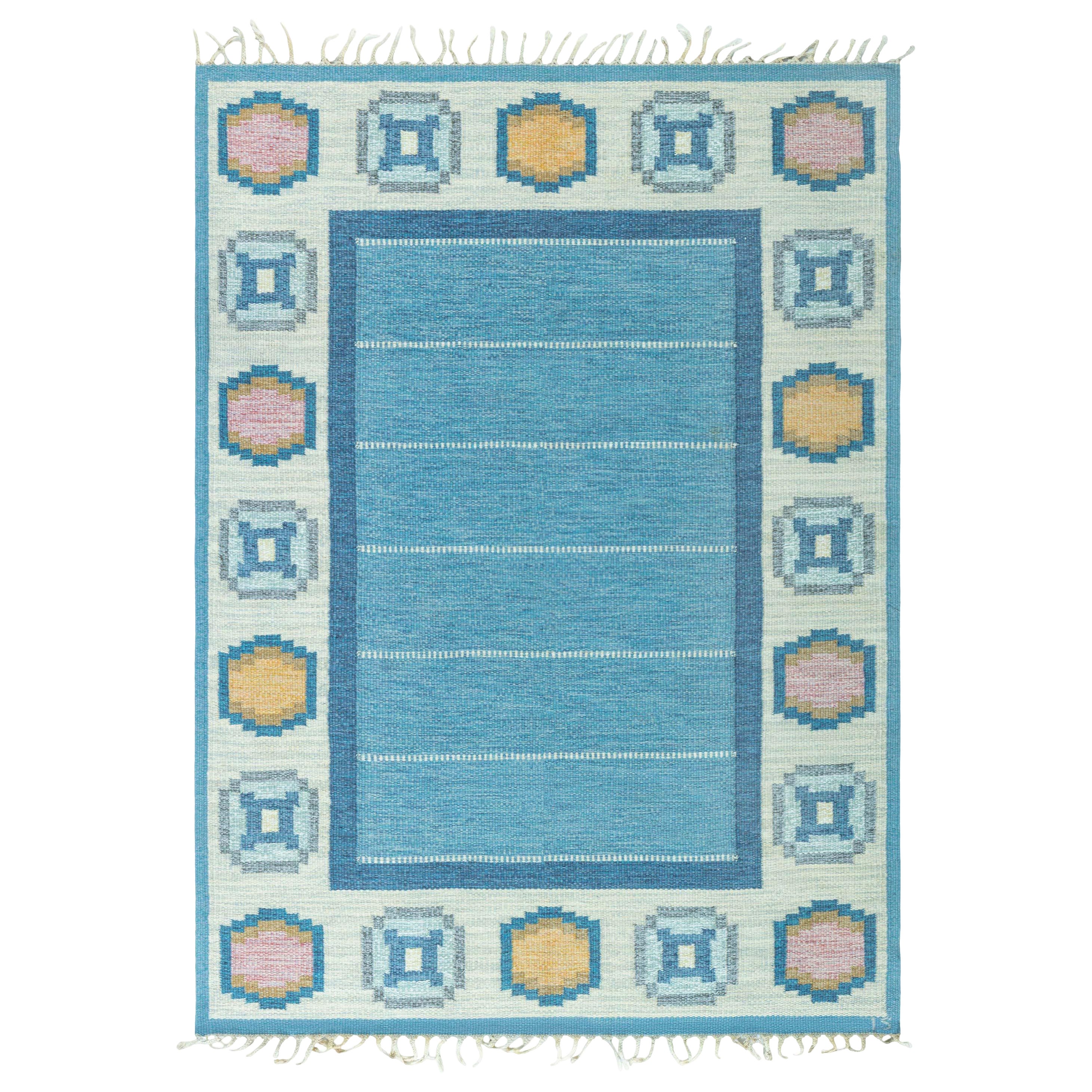 Doris Leslie Blauer schwedischer flacher gewebter Vintage-Teppich von Ingegerd Silow
