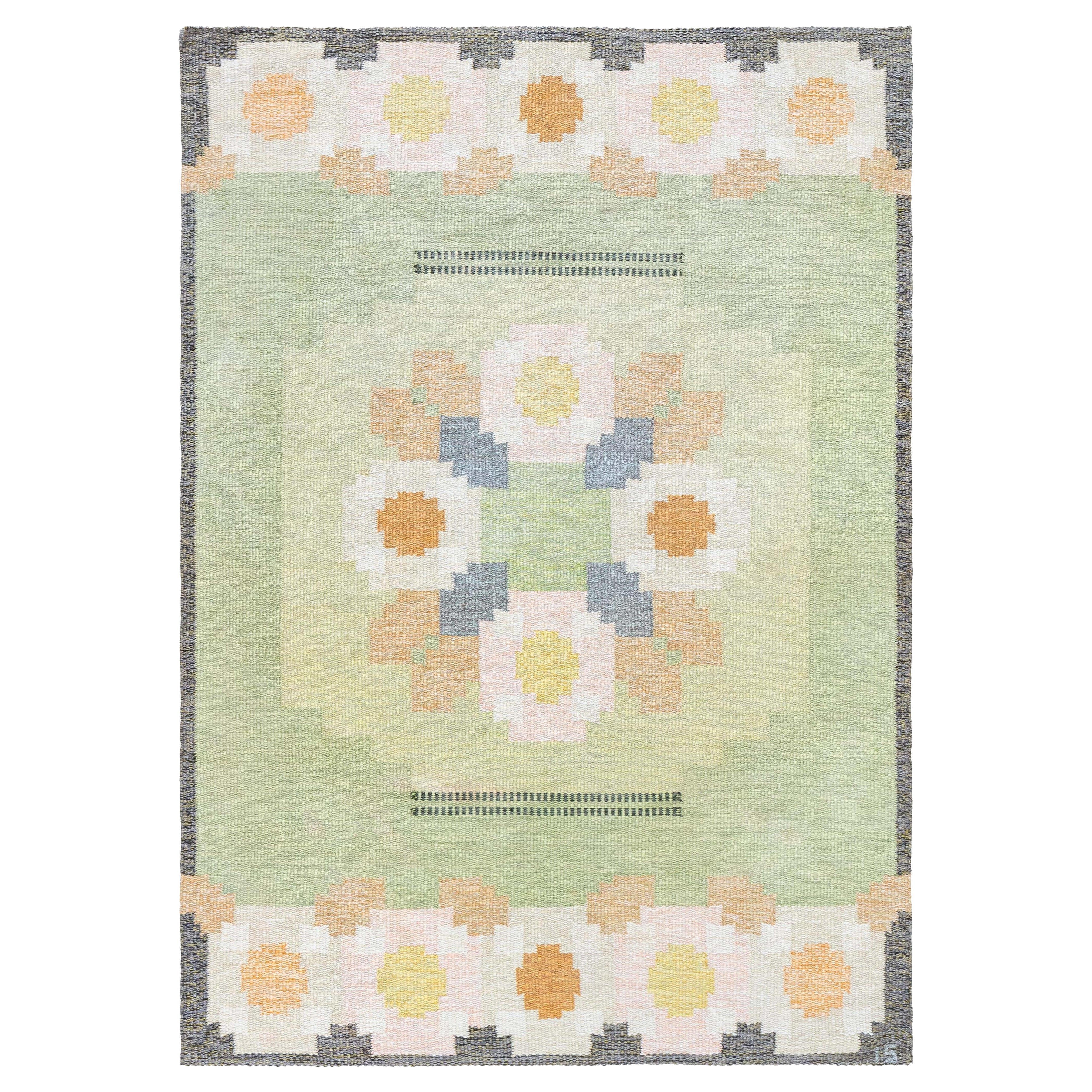 Doris Leslie Blauer schwedischer flacher gewebter Vintage-Teppich von Ingegerd Silow