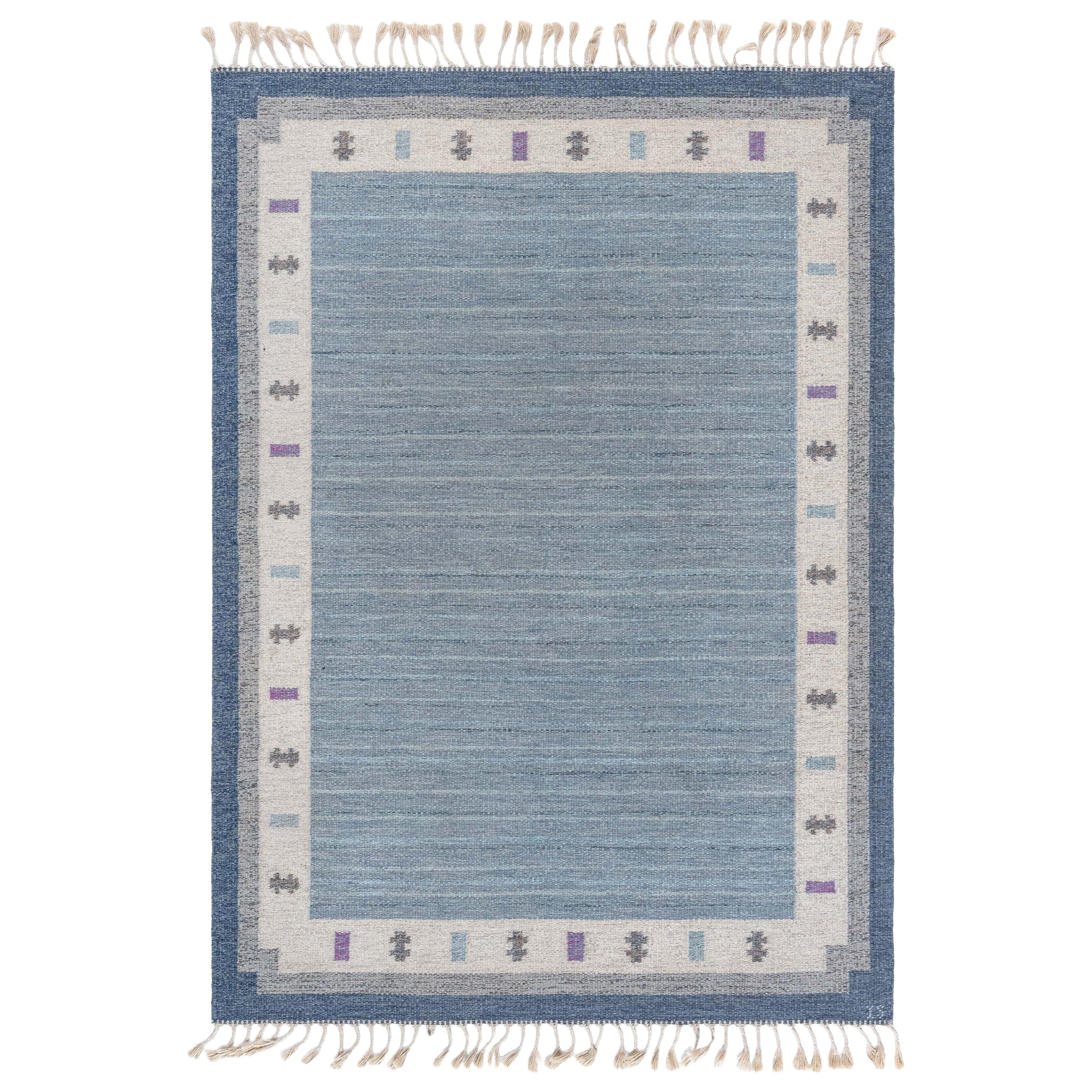 Doris Leslie Blauer schwedischer flacher gewebter Vintage-Teppich von Ingegerd Silow