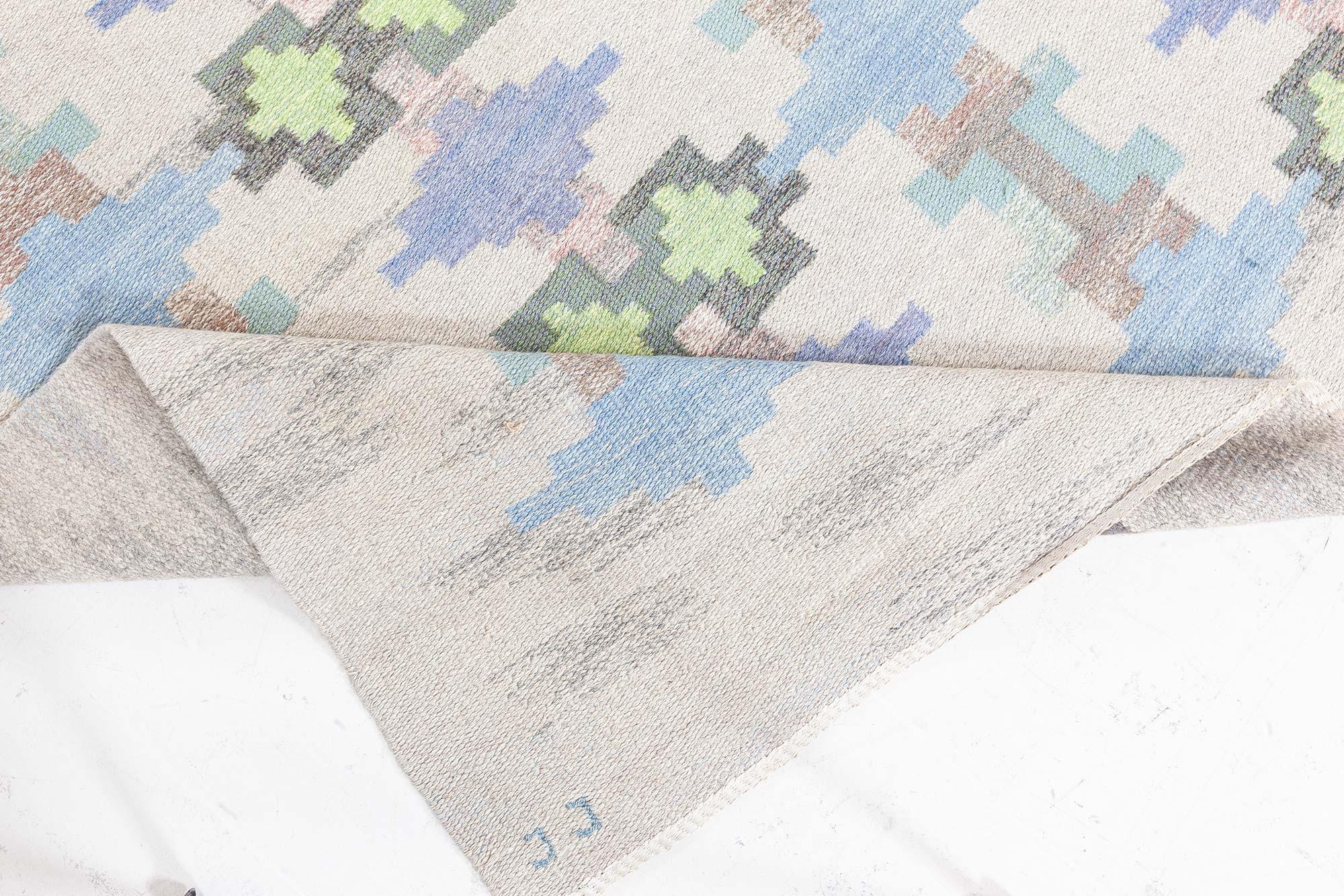Wool Doris Leslie Blau Vintage Swedish Flat Woven Rug by Judith Johansson For Sale