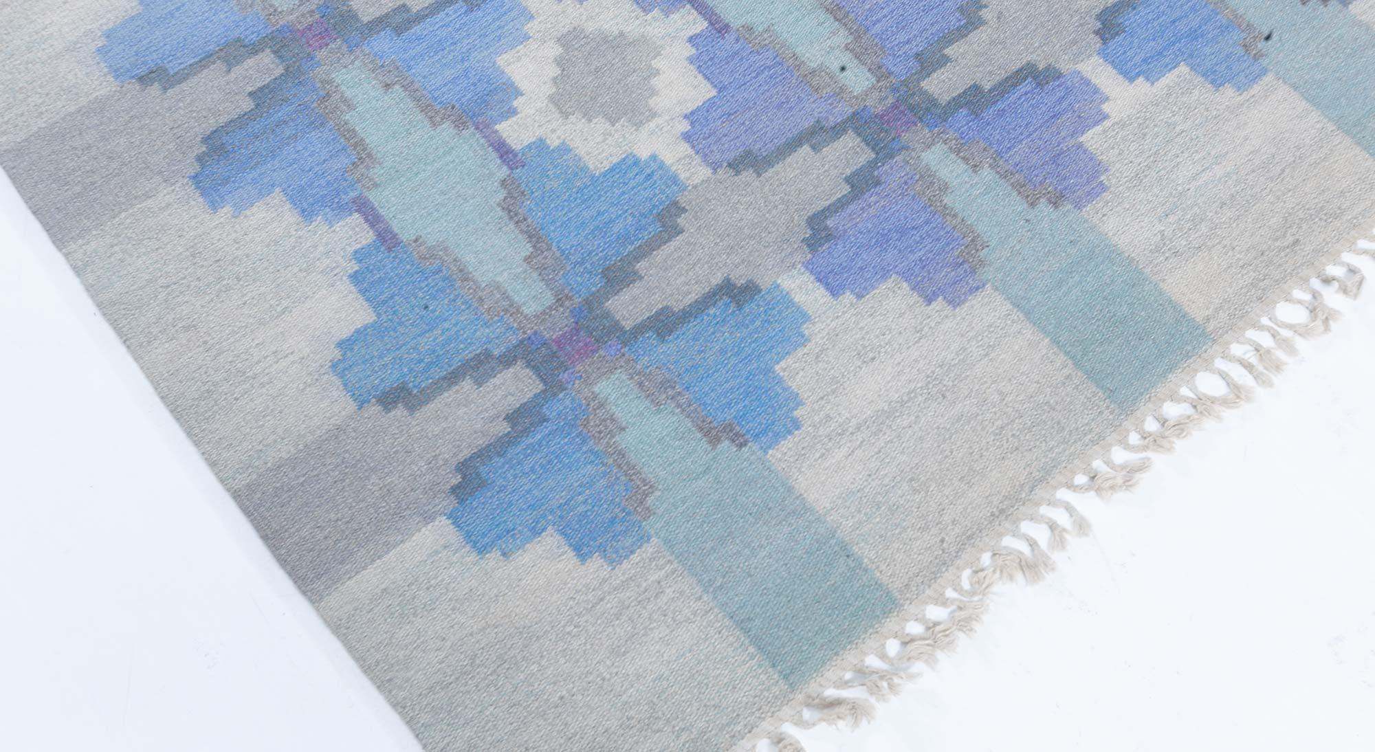 Doris Leslie Blau Alfombra sueca vintage de tejido plano de Judith Johansson Lana en venta