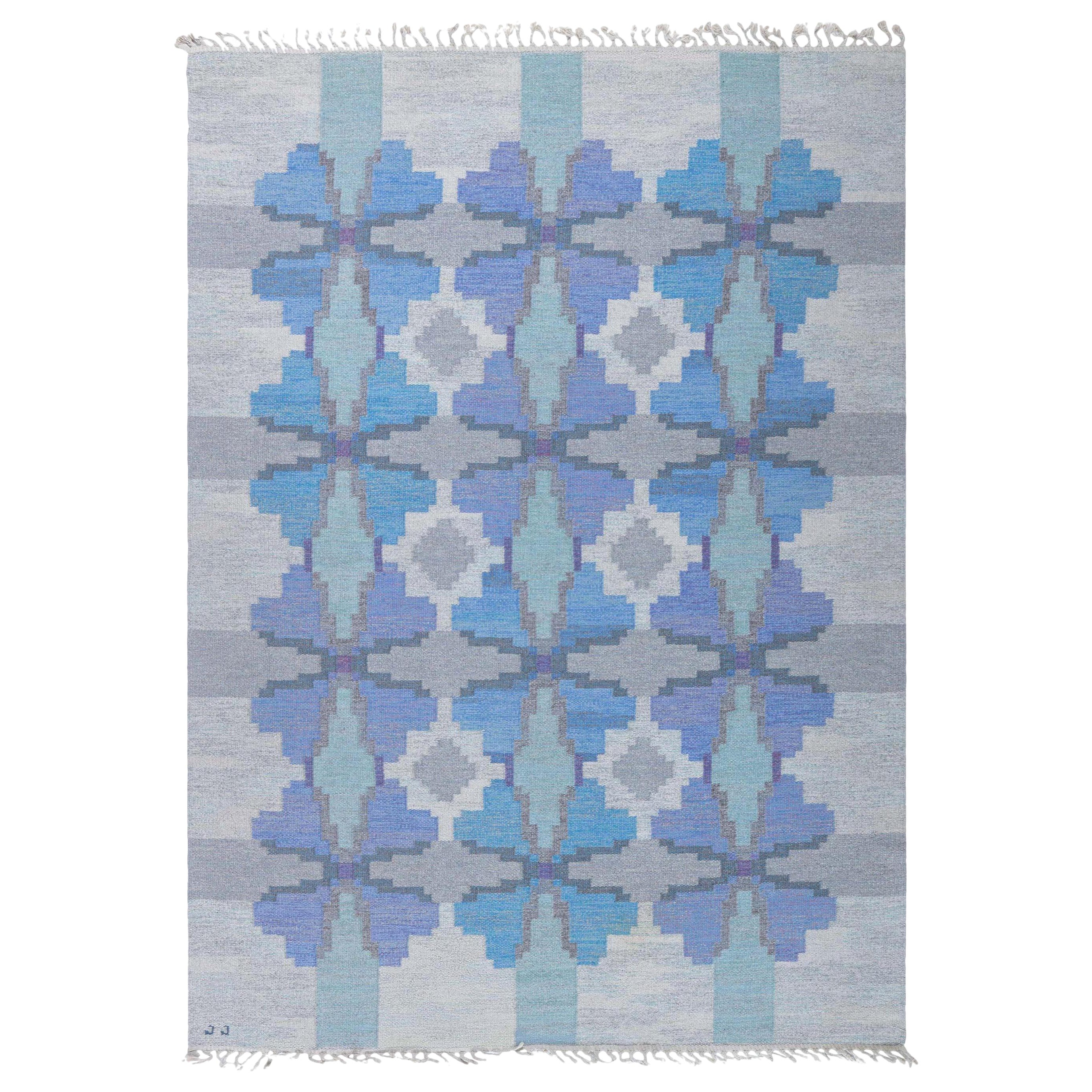 Doris Leslie Blauer schwedischer flacher gewebter Vintage-Teppich von Judith Johansson