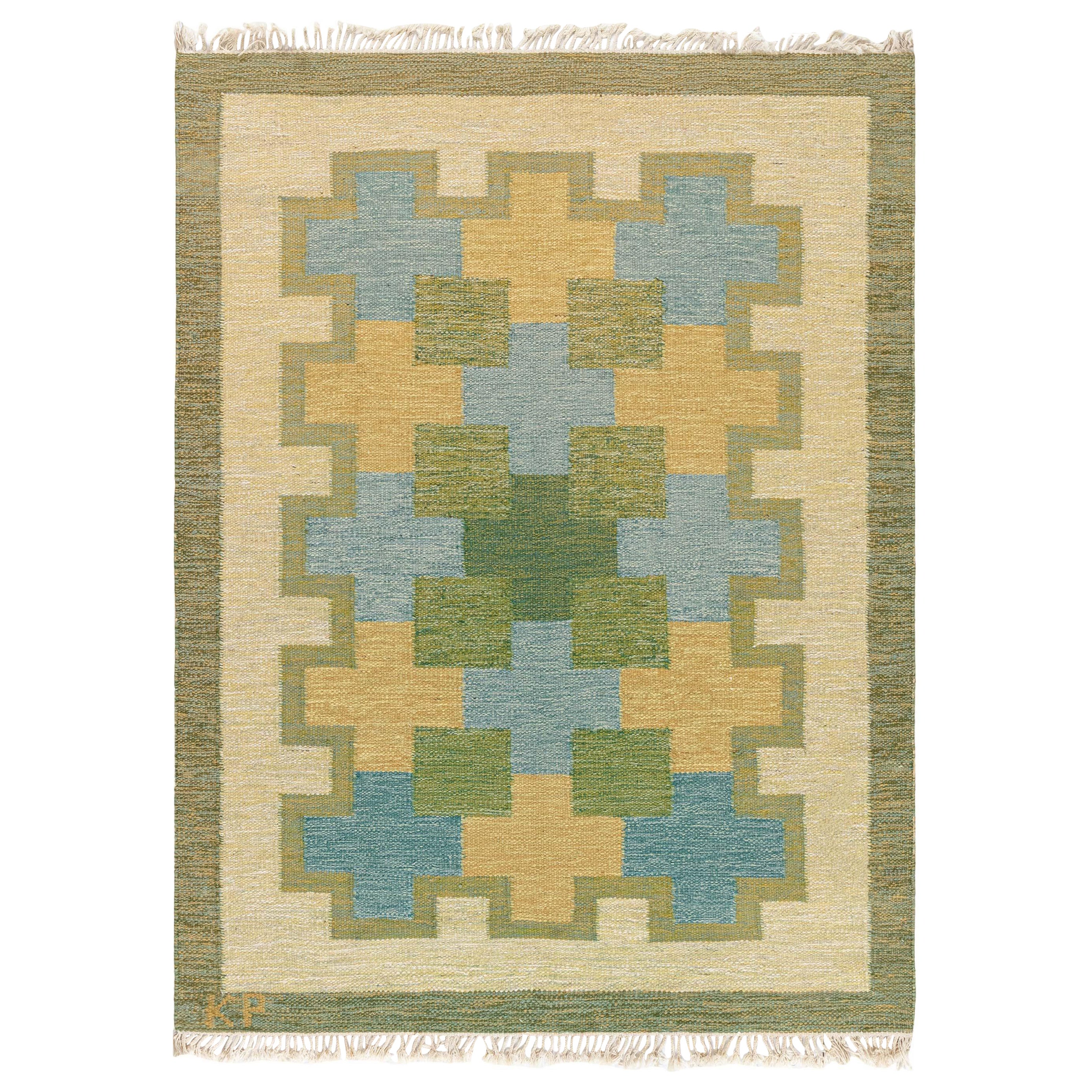 Doris Leslie Blau Alfombra sueca vintage de tejido plano de Kerstin Persson Firmada "KP