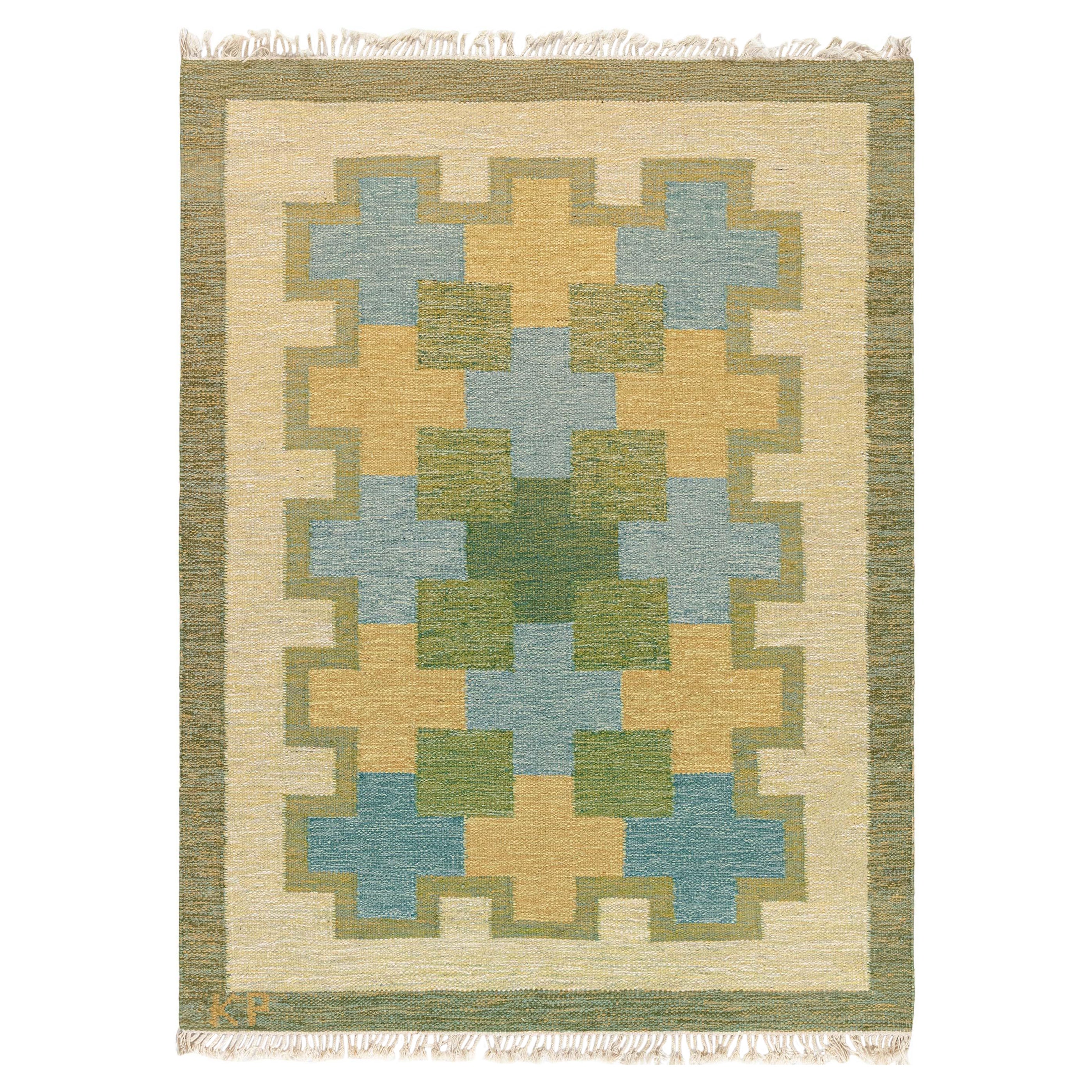 Doris Leslie Blauer schwedischer flacher gewebter Vintage-Teppich von Kerstin Persson, signiert 
KP
