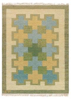 Doris Leslie Blau Vintage Swedish Flat Woven Rug by Kerstin Persson Signed 'KP'