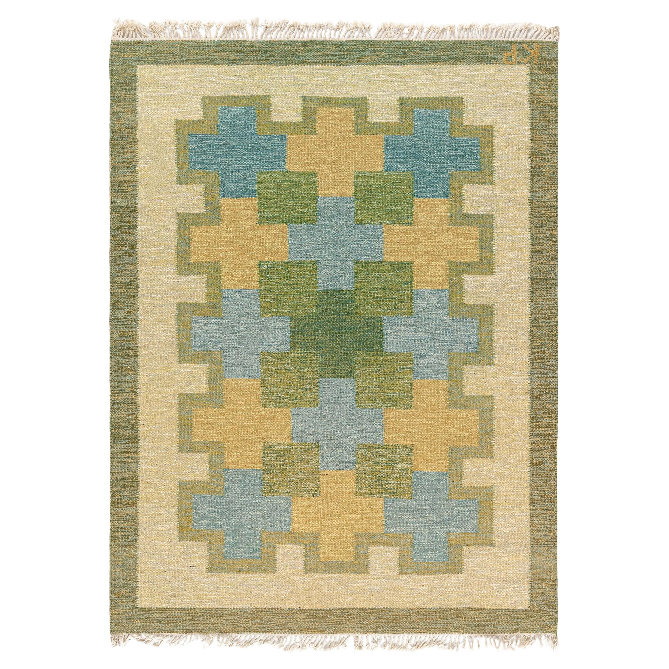 Doris Leslie Blau Vintage Swedish Flat Woven Rug by Kerstin Persson Signed 
KP
