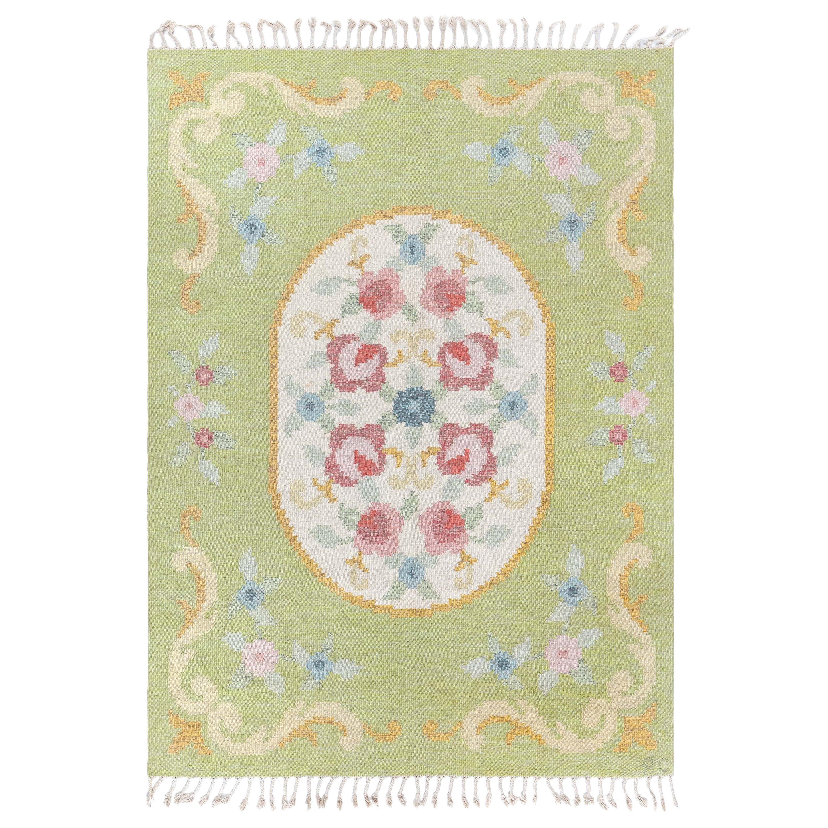 Doris Leslie Blauer schwedischer flacher gewebter Vintage-Teppich von Rakel Carlander im Angebot